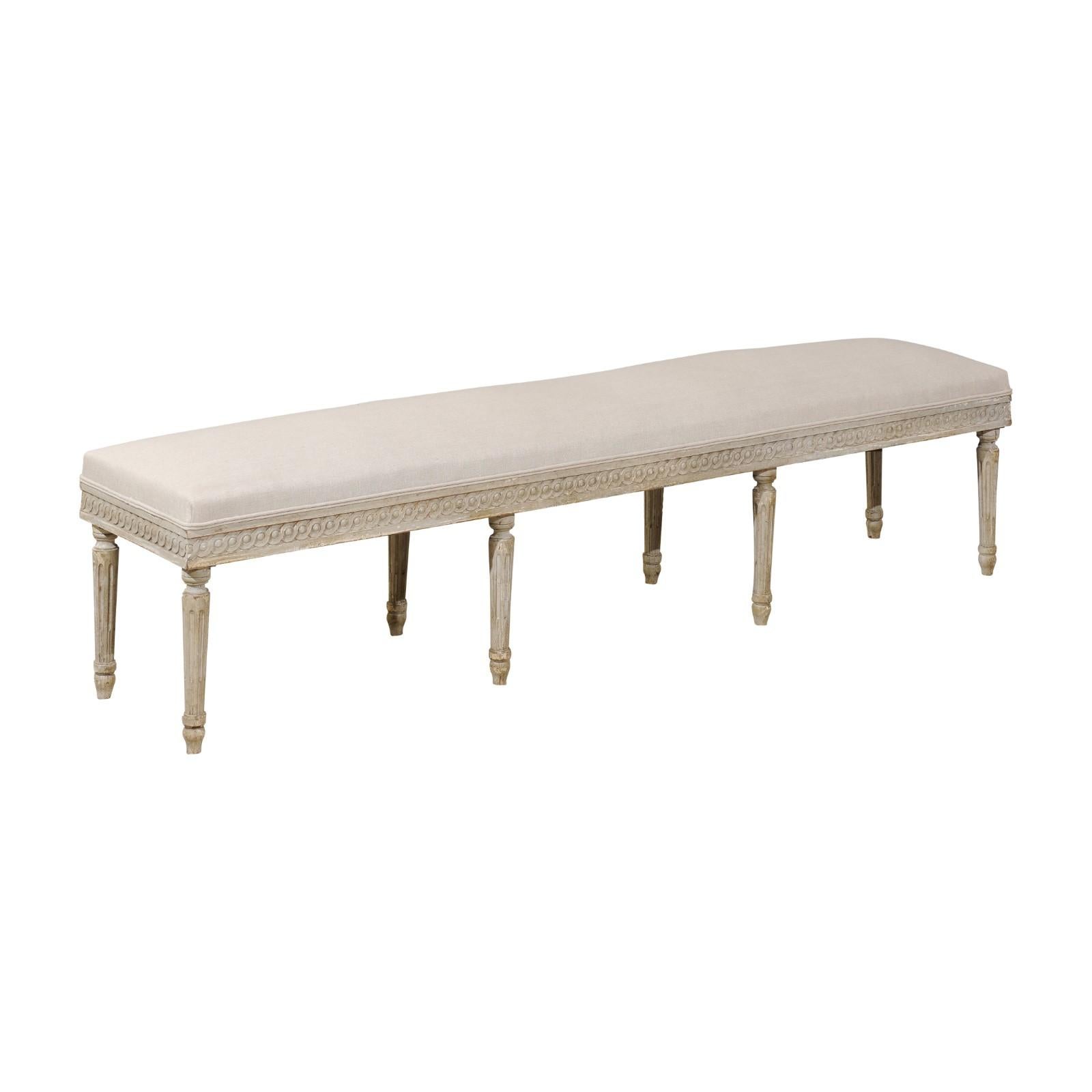 Southern French Louis XVI Style 1930s Upholstered Bench with Guilloche Motifs