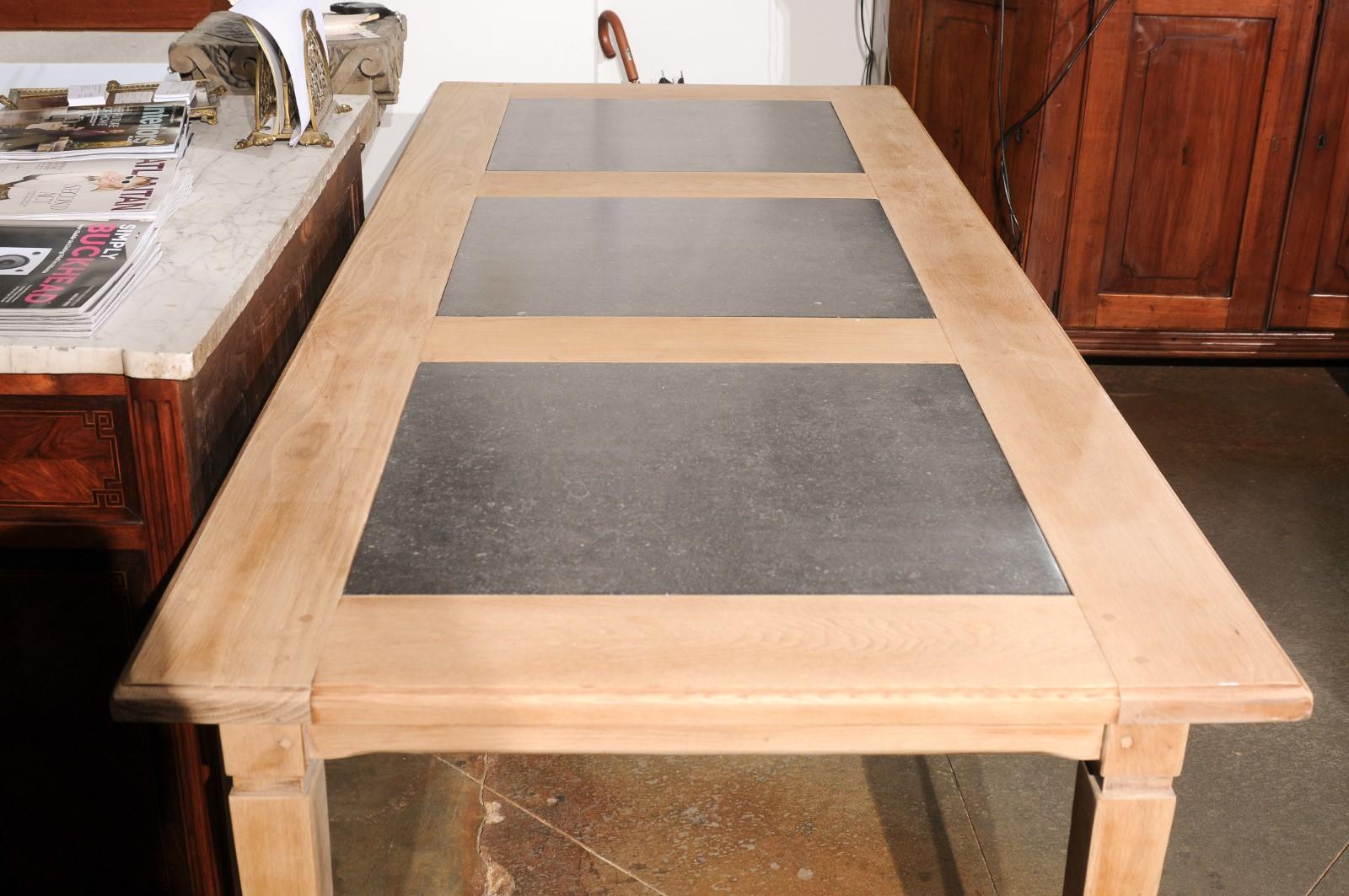 Southern French Midcentury Natural Oak Dining Table with Fossil Black Marble Top For Sale 4