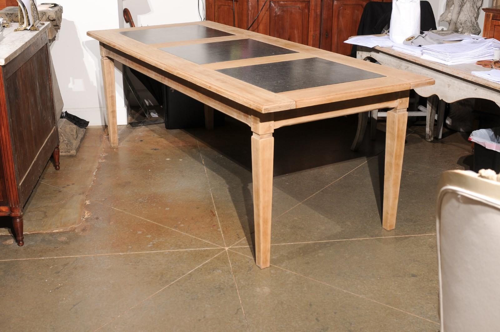 Southern French Midcentury Natural Oak Dining Table with Fossil Black Marble Top For Sale 5