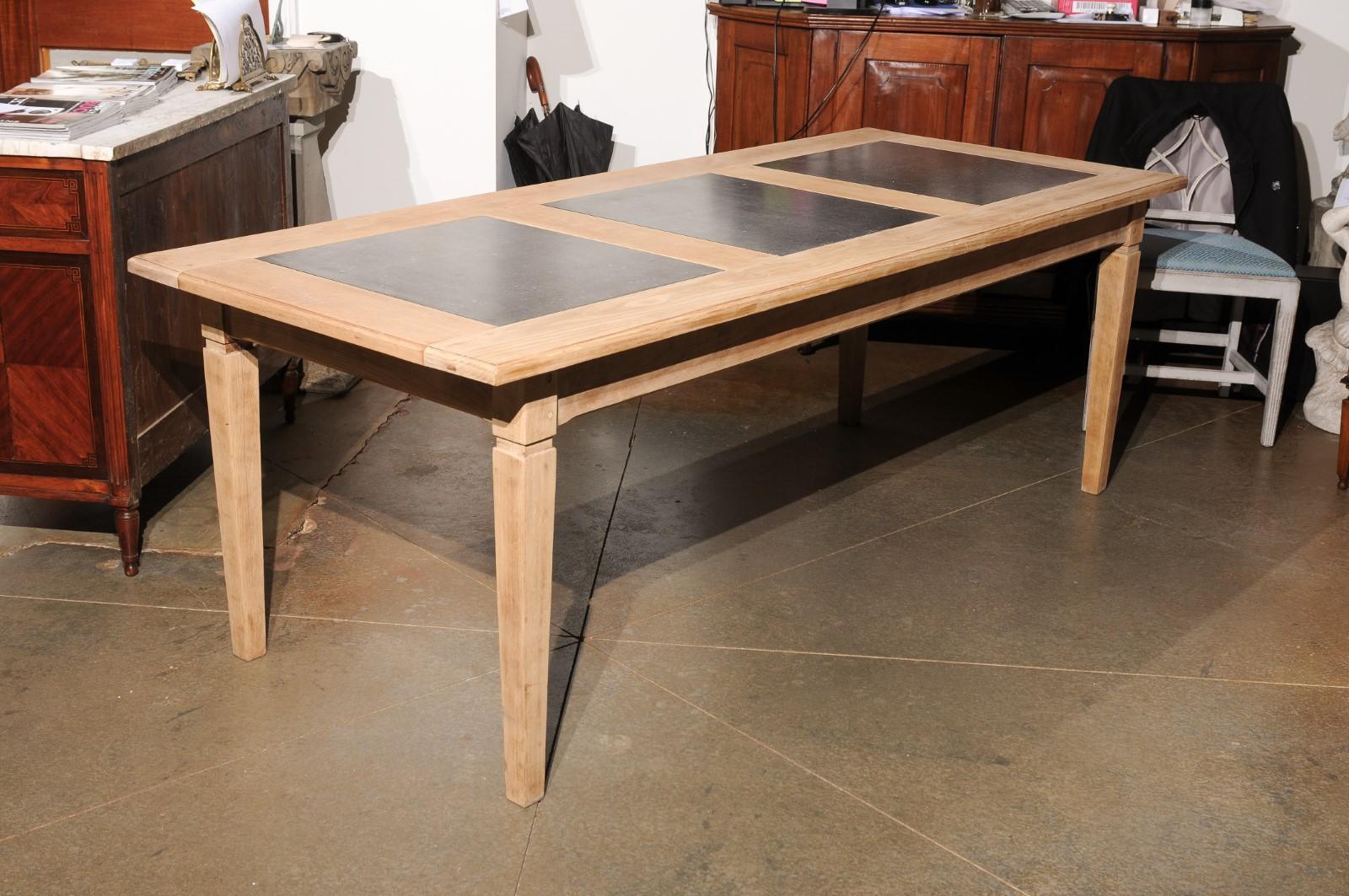 Southern French Midcentury Natural Oak Dining Table with Fossil Black Marble Top For Sale 9