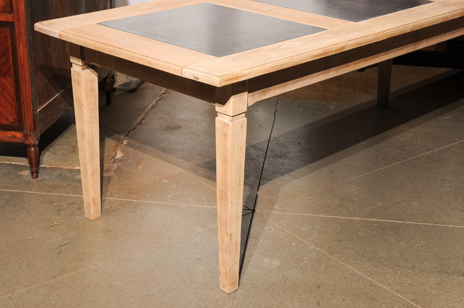 Southern French Midcentury Natural Oak Dining Table with Fossil Black Marble Top For Sale 10
