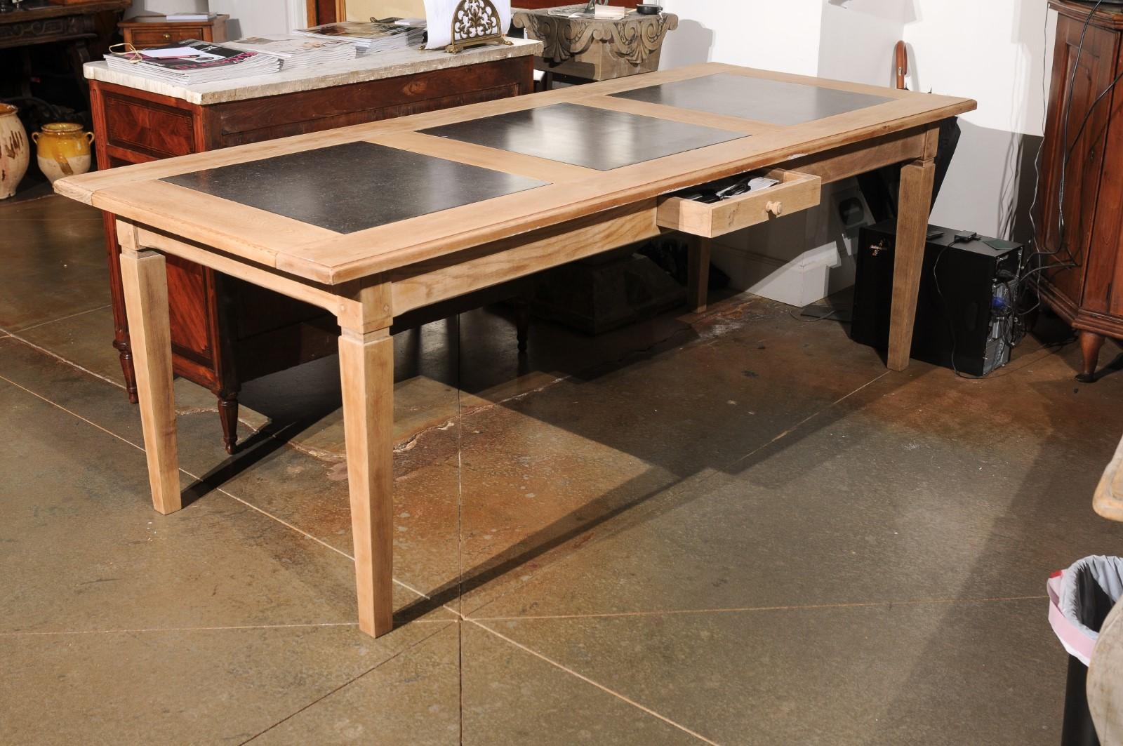 Southern French Midcentury Natural Oak Dining Table with Fossil Black Marble Top For Sale 1