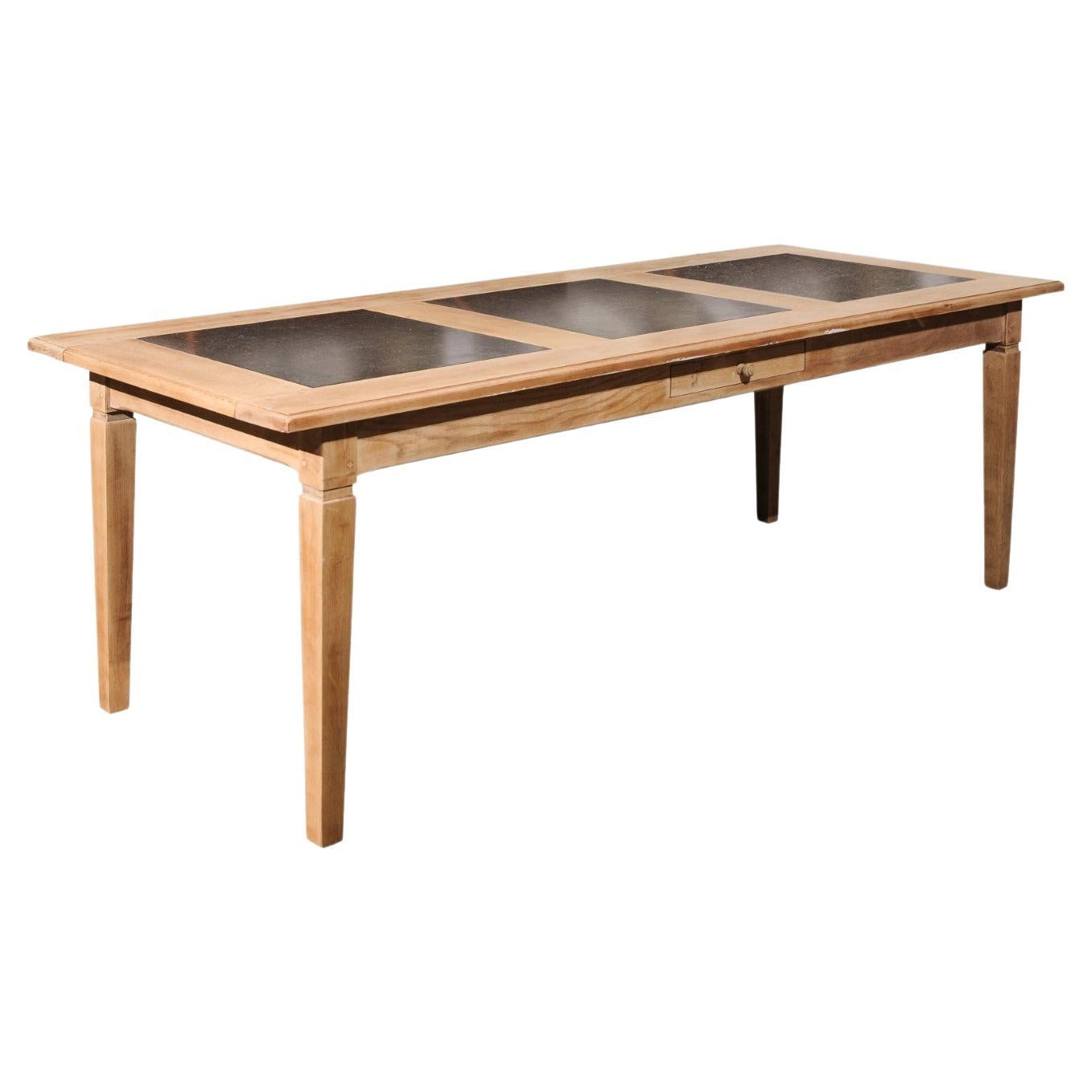 Southern French Midcentury Natural Oak Dining Table with Fossil Black Marble Top For Sale