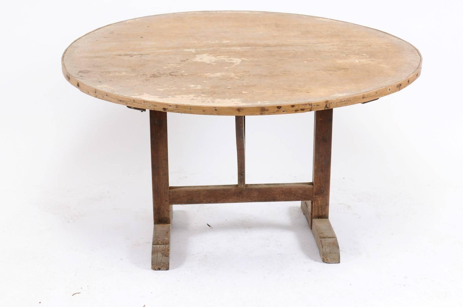 Rustic Southern French Round Wine Tasting Table with Tapestry Remnants, circa 1920
