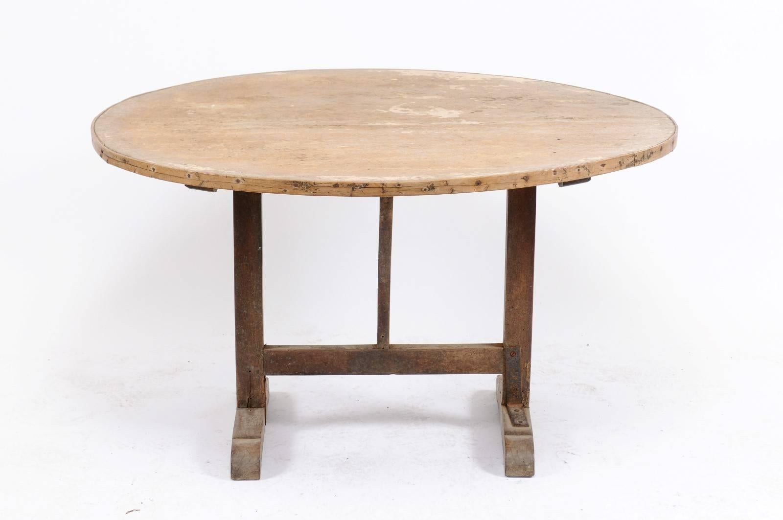 Wood Southern French Round Wine Tasting Table with Tapestry Remnants, circa 1920