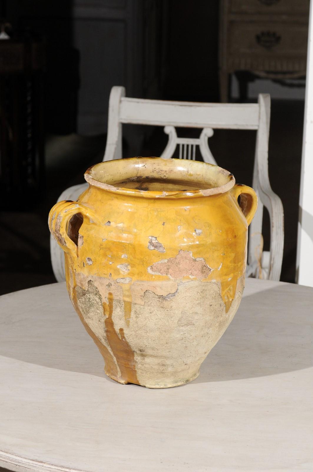 Southern French Yellow Glazed Terracotta Confit Pot with Two Handles, circa 1850 1