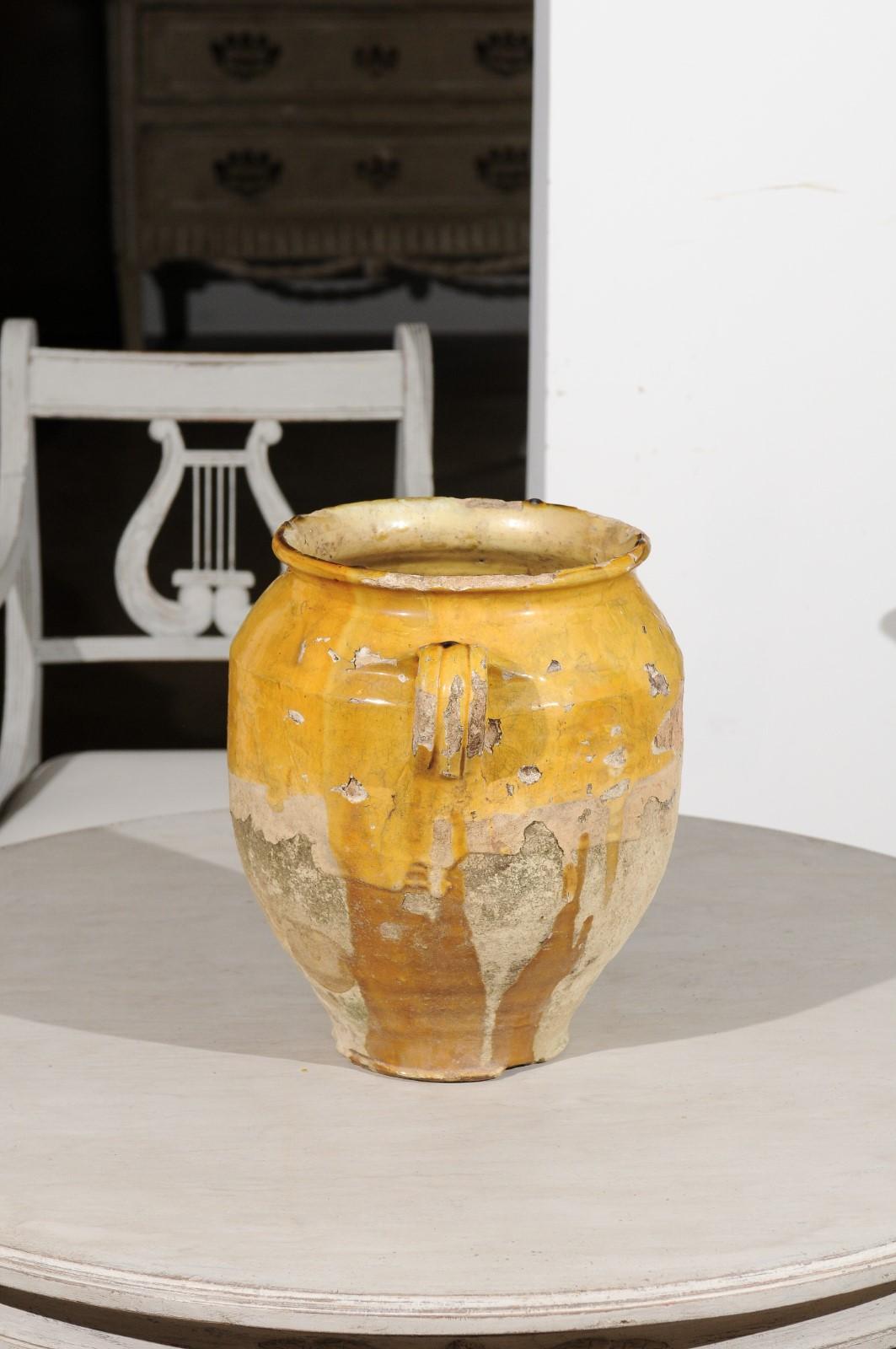 Southern French Yellow Glazed Terracotta Confit Pot with Two Handles, circa 1850 2