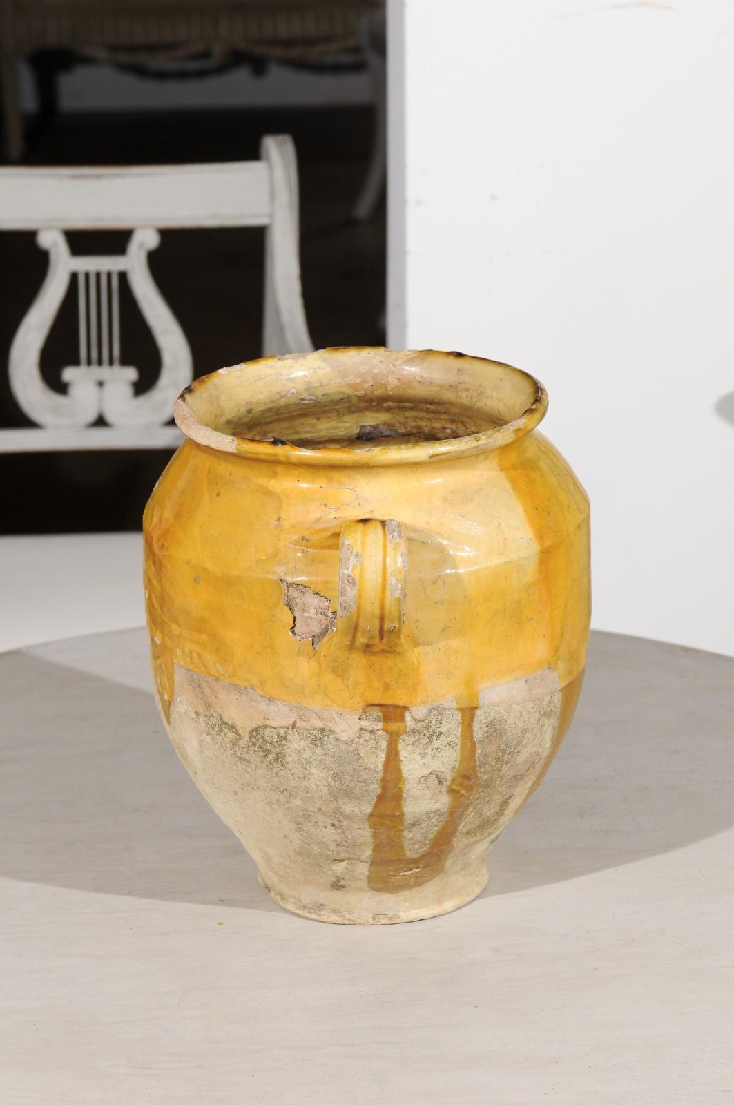 Southern French Yellow Glazed Terracotta Confit Pot with Two Handles, circa 1850 4