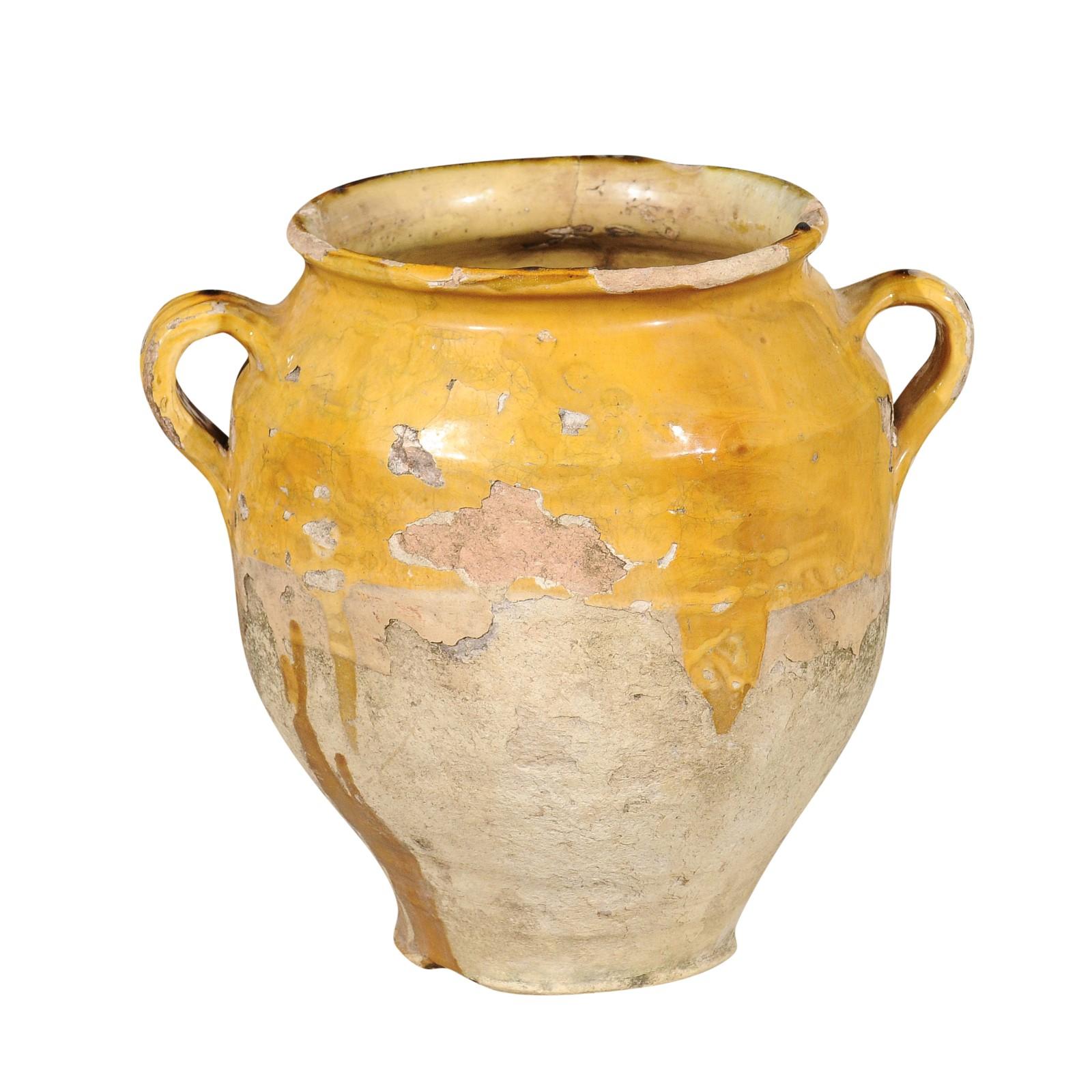 Southern French Yellow Glazed Terracotta Confit Pot with Two Handles, circa 1850