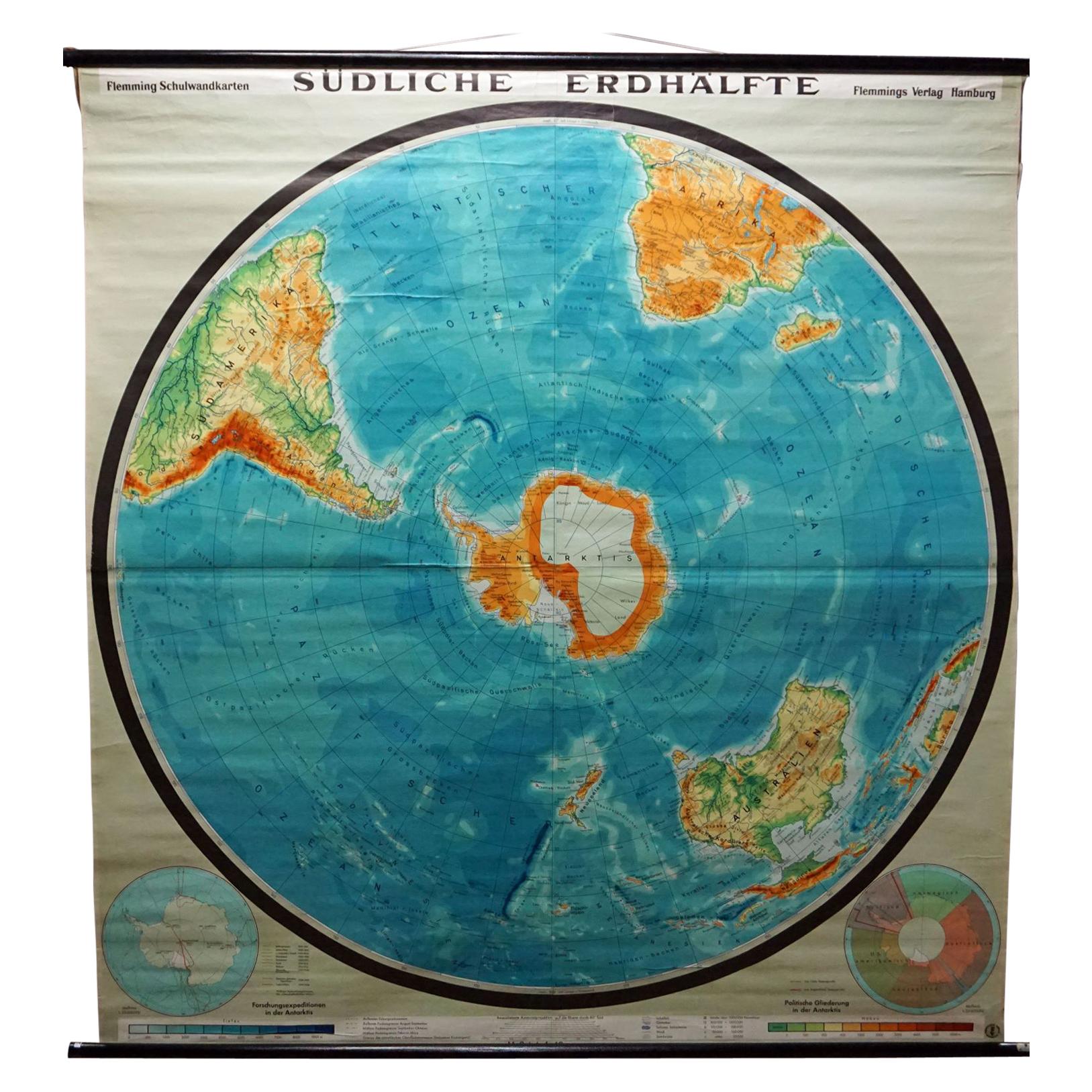 Southern Hemisphere of the Earth Rollable Map Vintage Wall Chart
