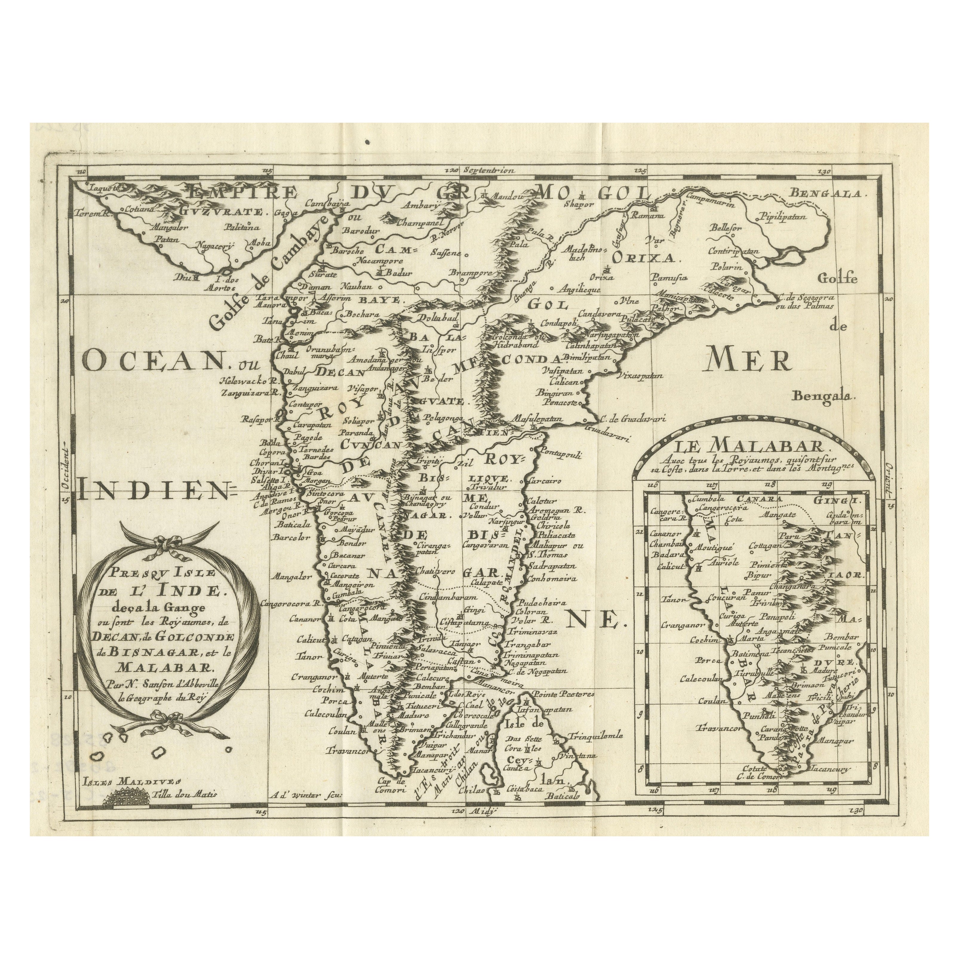 Southern India Map, Deccan 
Malabar, Nicolas Sanson, 1683