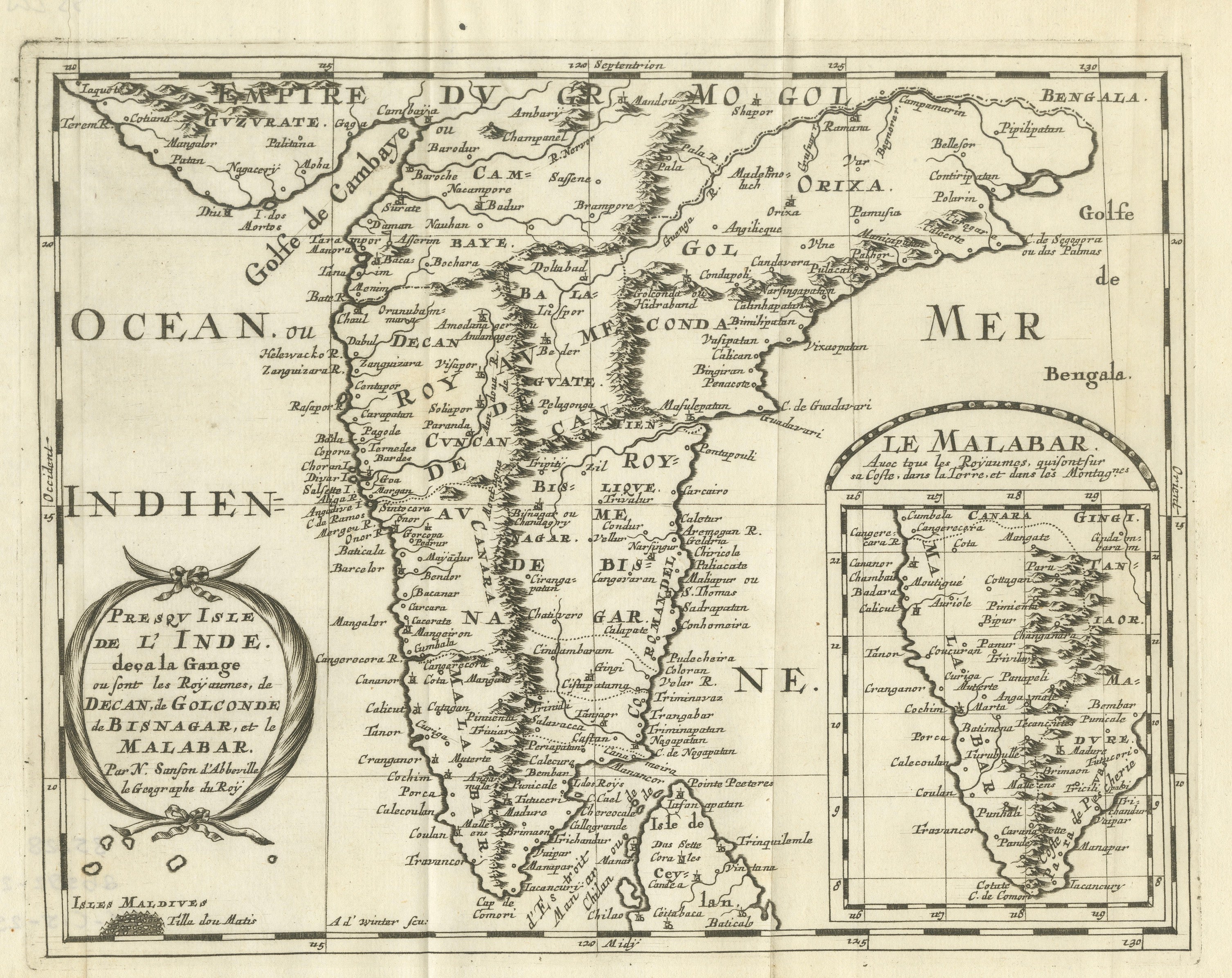 Southern India Map, Deccan 
Malabar, Nicolas Sanson, 1683 For Sale