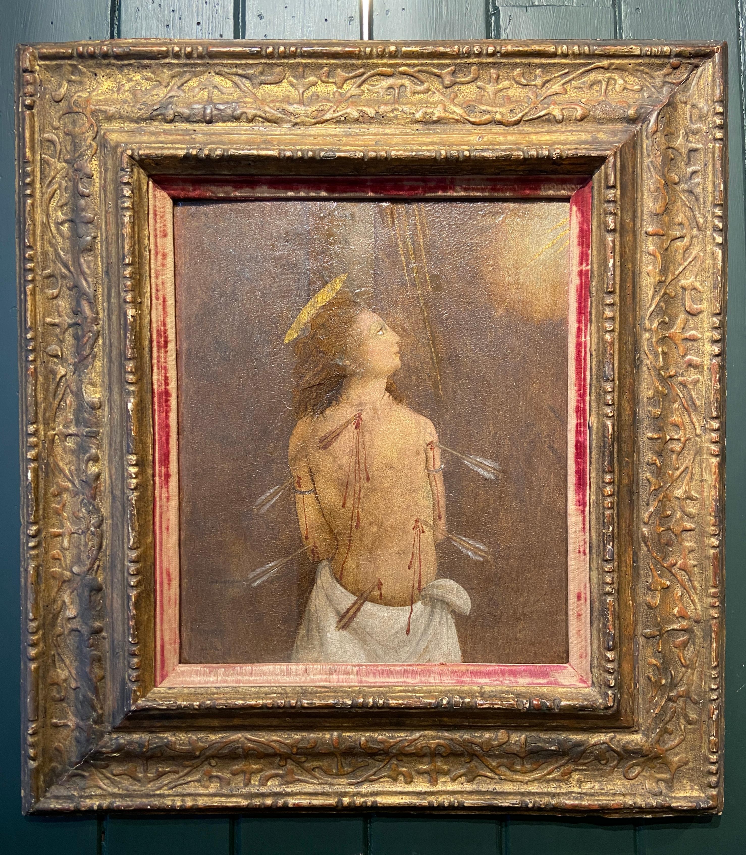 Oil on panel
Image size: 16 x 13 1/4 inches (41 x 34 cm)
Early gilt frame

Saint Sebastian was a Roman centurion who converted to Christianity and, in punishment, the Roman Emperor Diocletian ordered Sebastian’s fellow soldiers to tie him to a post