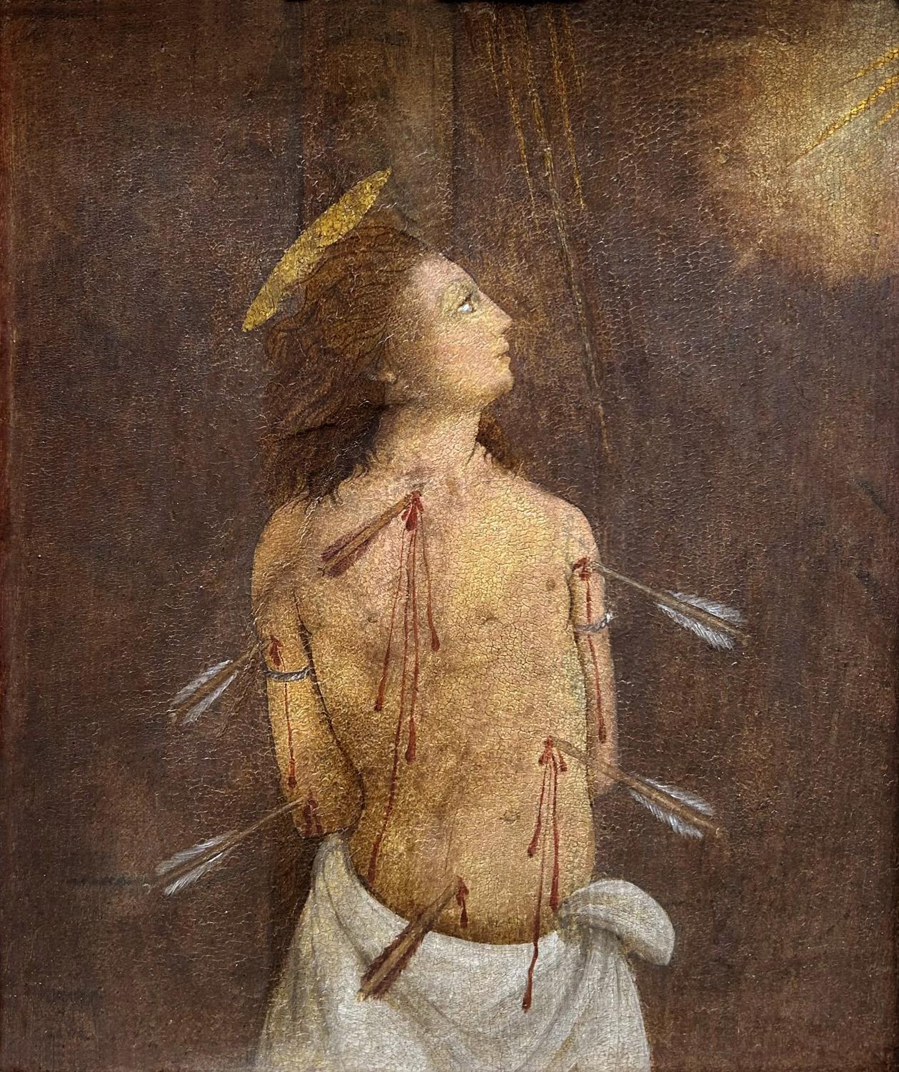 Figurative Painting di Southern Italian - San Sebastiano, dipinto a olio religioso su pannello del XV secolo