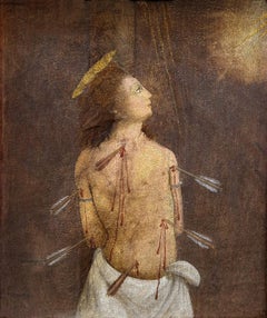 San Sebastián, pintura religiosa al óleo sobre tabla del siglo XV