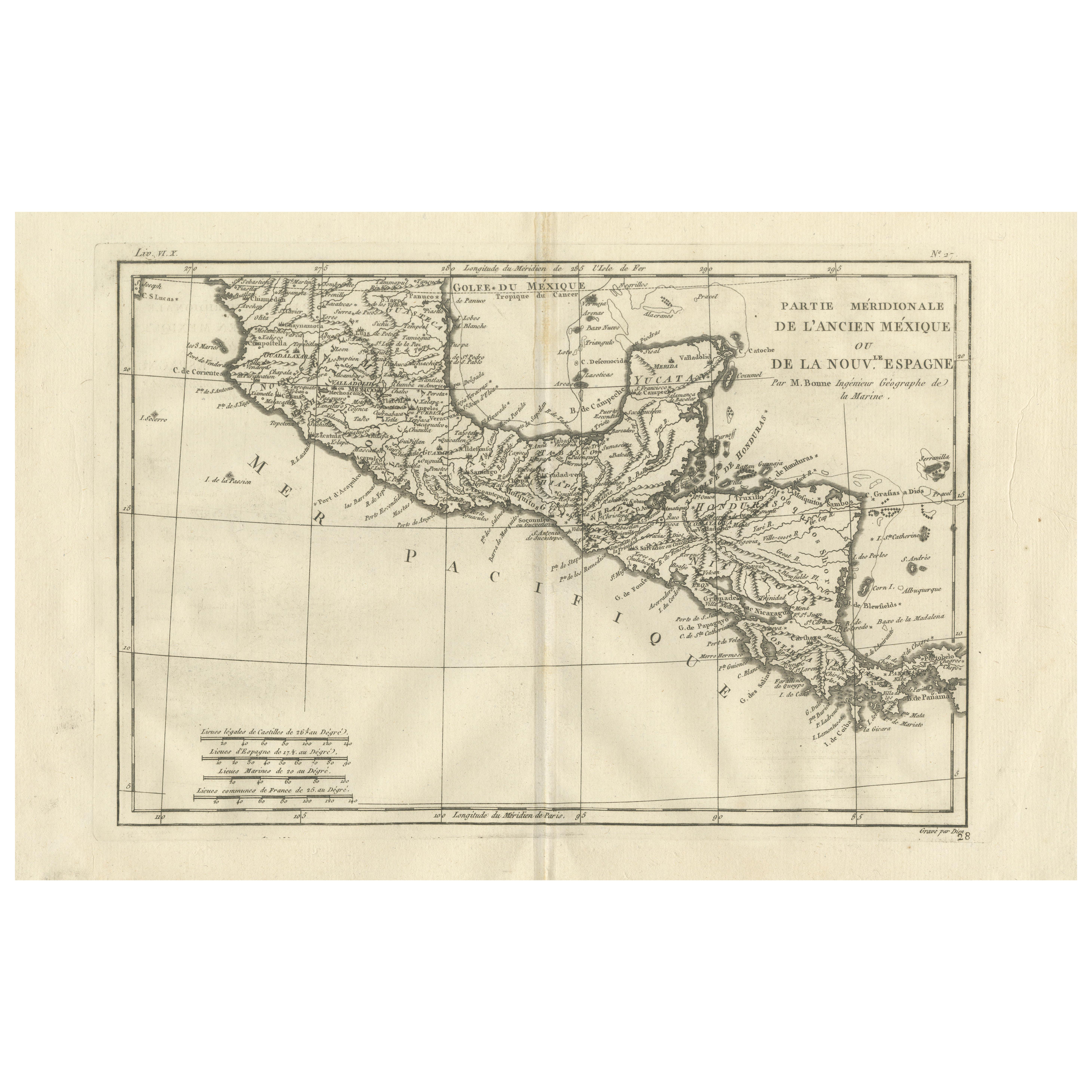 Sur de México y Nueva España - Mapa de la Ilustración de Rigobert Bonne, c.1780