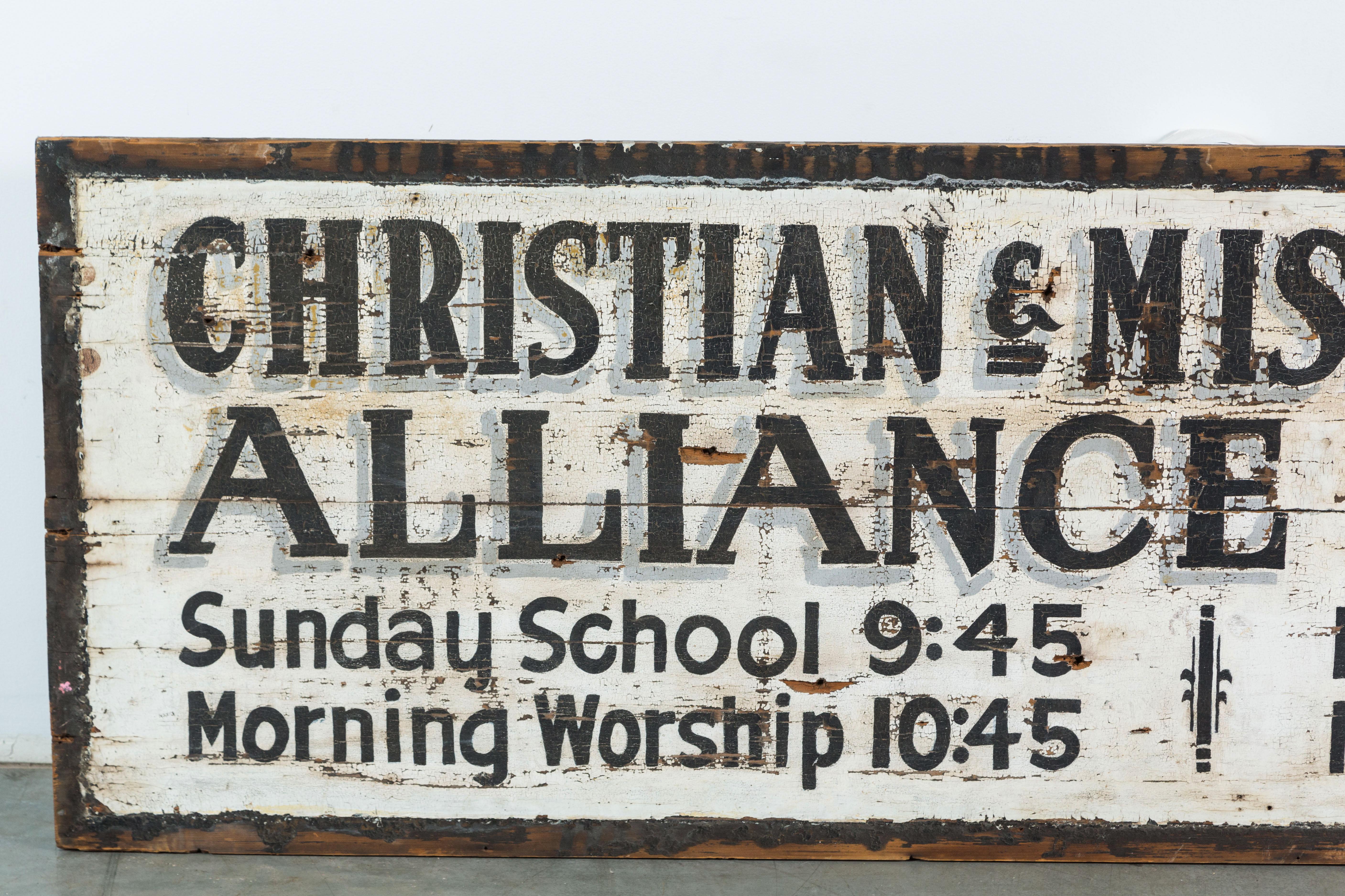 Missionary church sign found in the southern United States, circa 1930s original black and white surface with fantastic hand lettering. Great aged surface.