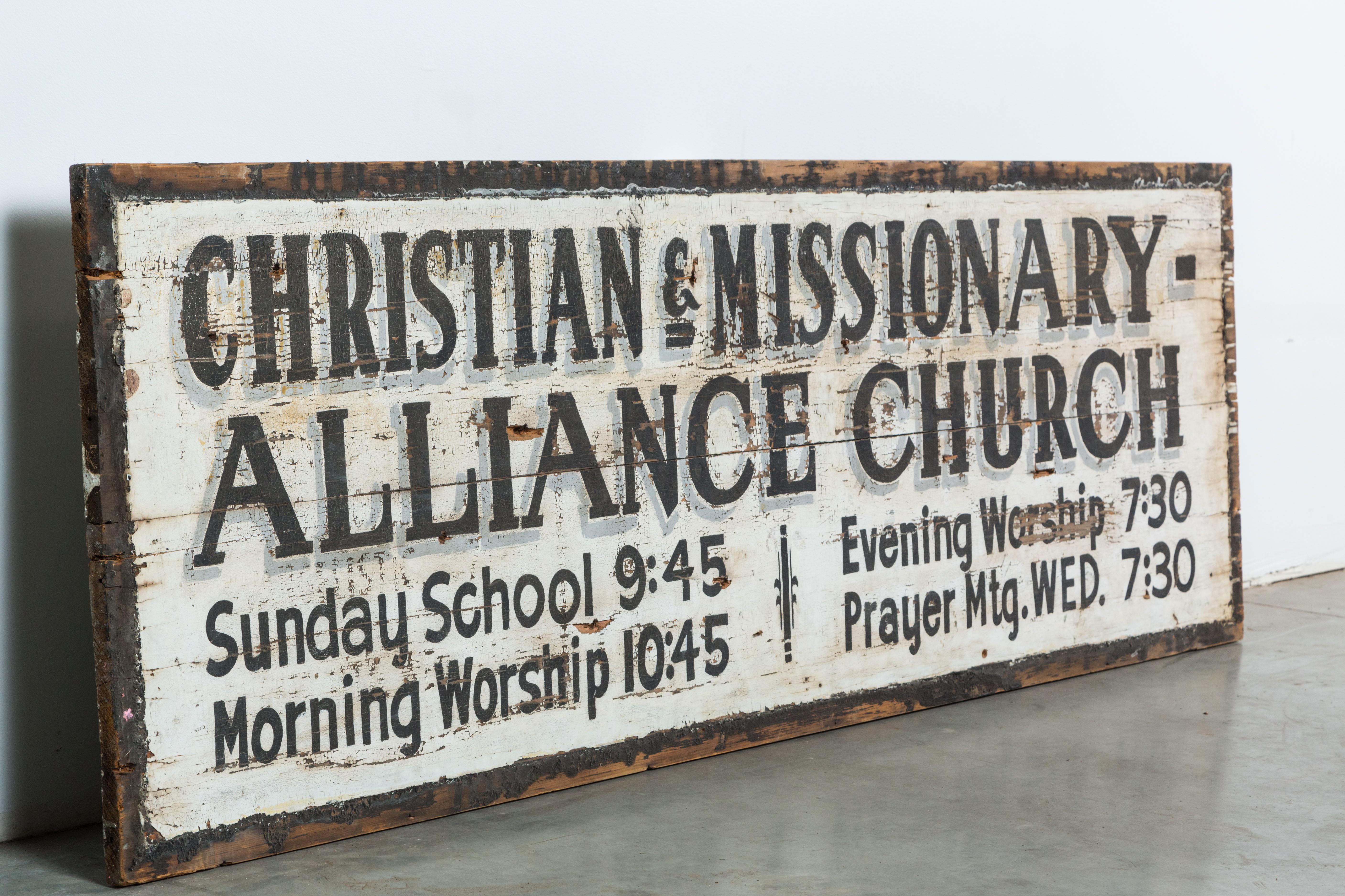 Folk Art Southern Missionary Church Sign circa 1930s Original Black and White Surface