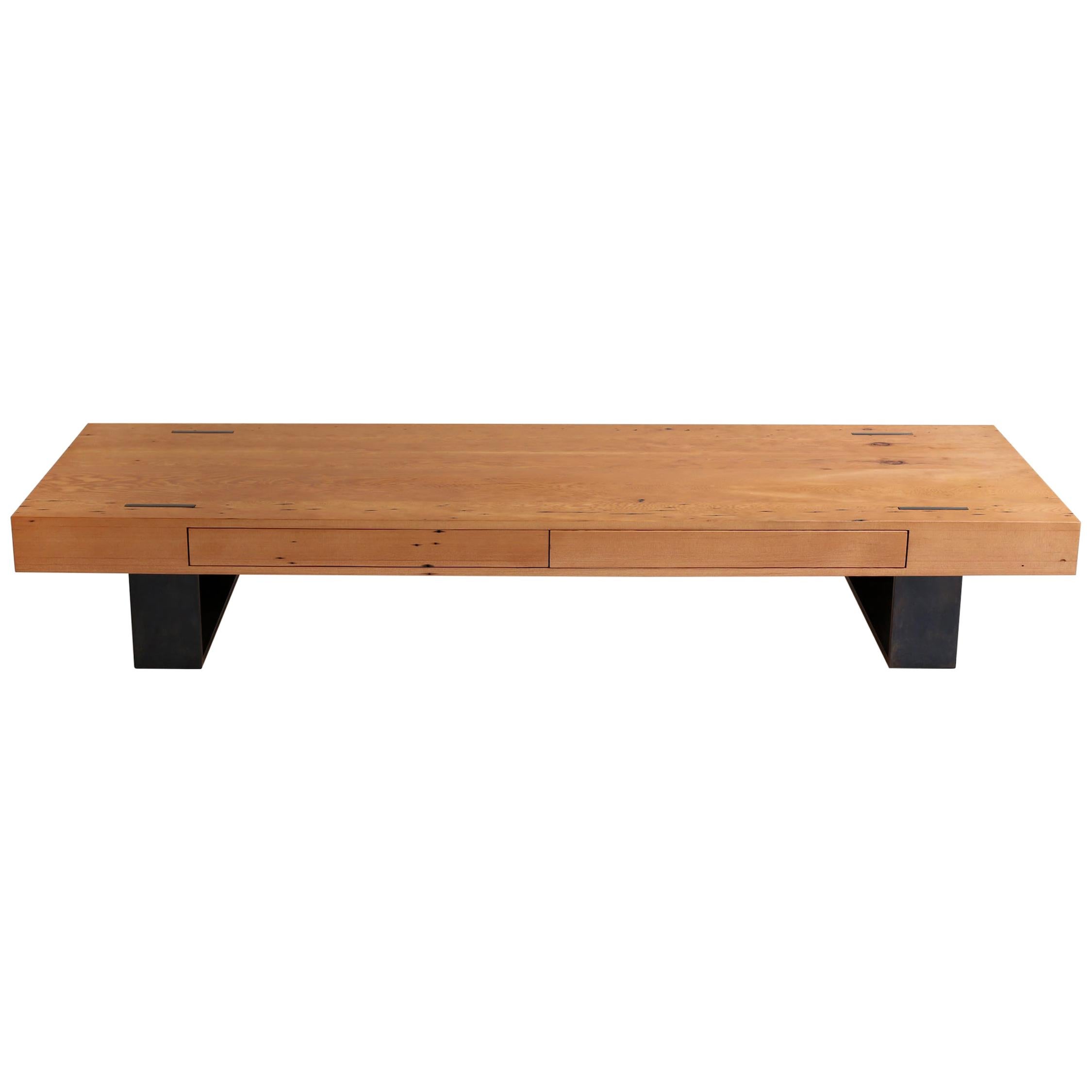 Southern Reclaimed Yellow Pine Modern Coffee Table with Black Steel Legs For Sale