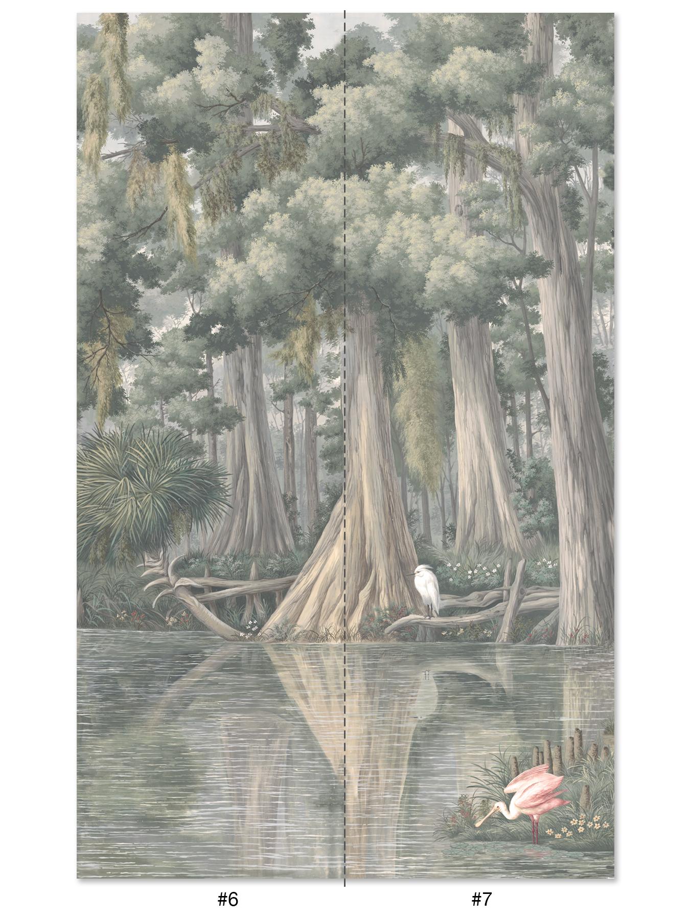 Southern River is a landscape mural of the rivers of the American South. The mural is hand painted on two non-woven paper panels. Each panel is 3 feet wide and 9 feet tall. The full mural is 6 feet wide by 9 feet tall. The panels will be supplied as