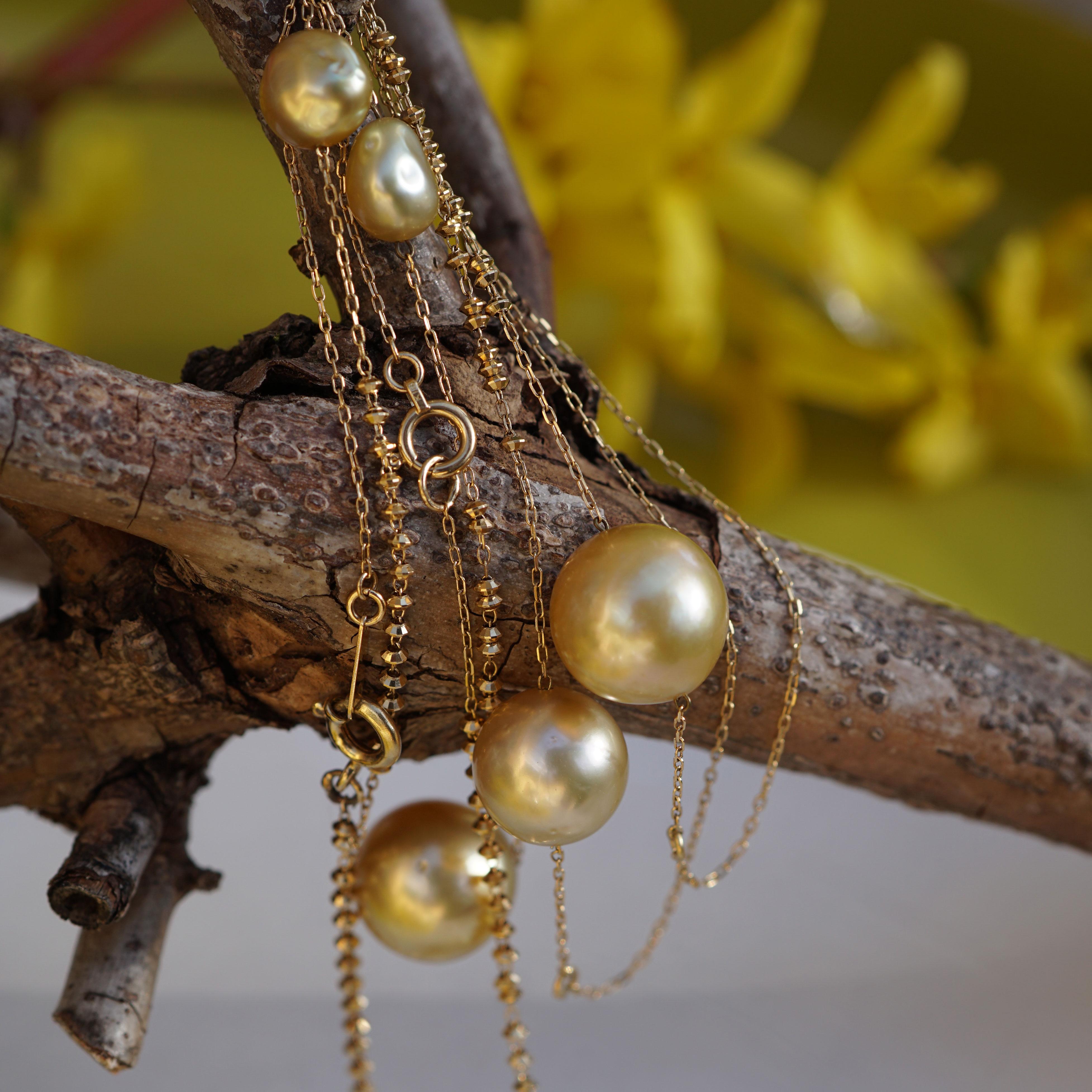 Bead Southsea and Keshi Pearl Chain Great Natural Goldcolor AAA+ handmade from Japan For Sale