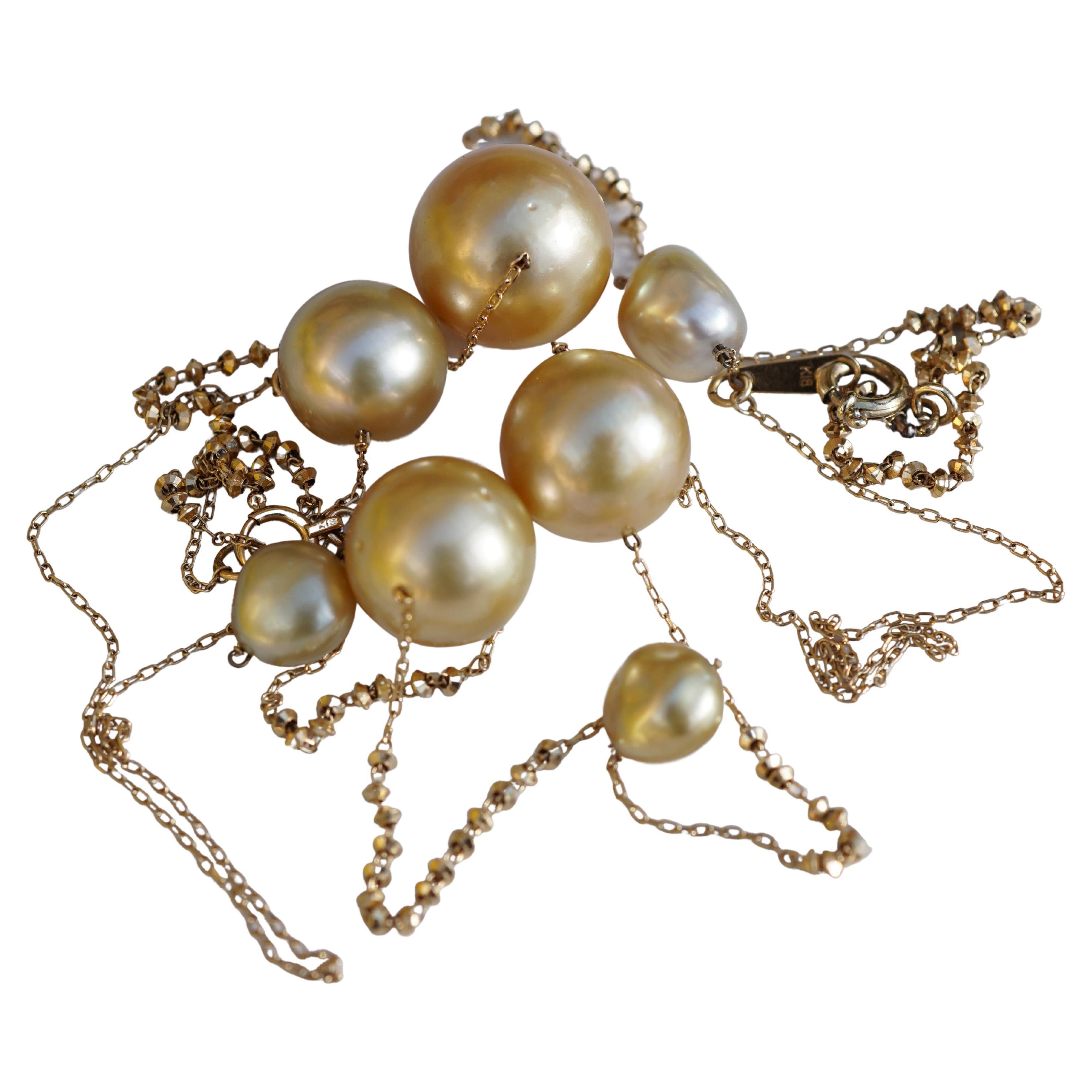 Southsea and Keshi Pearl Chain Great Natural Goldcolor AAA+ handmade from Japan For Sale