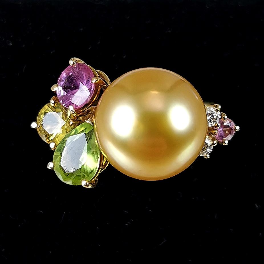Southsea Golden Pearl Ring YG 18k Precious Stones For Sale 2