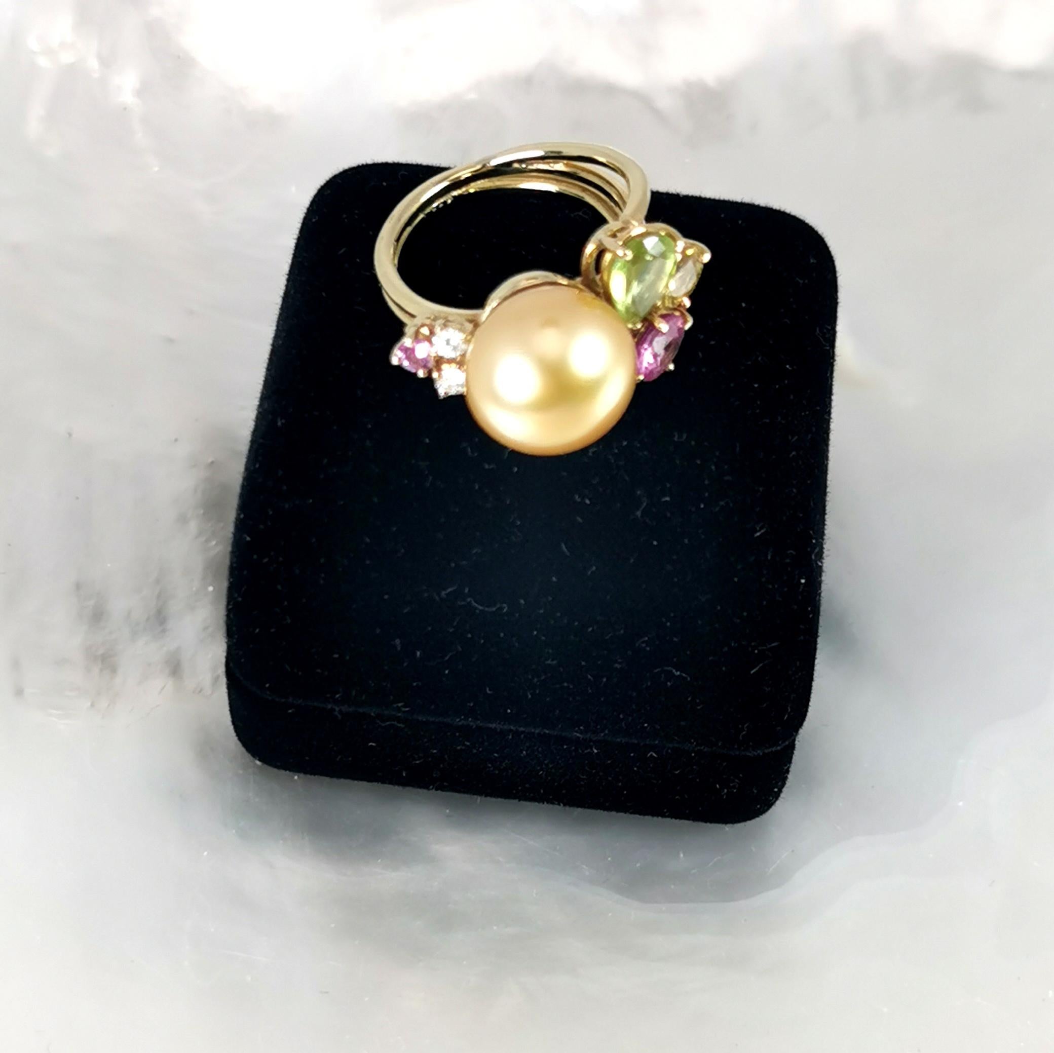 Southsea Golden Pearl Ring YG 18k Precious Stones For Sale 3