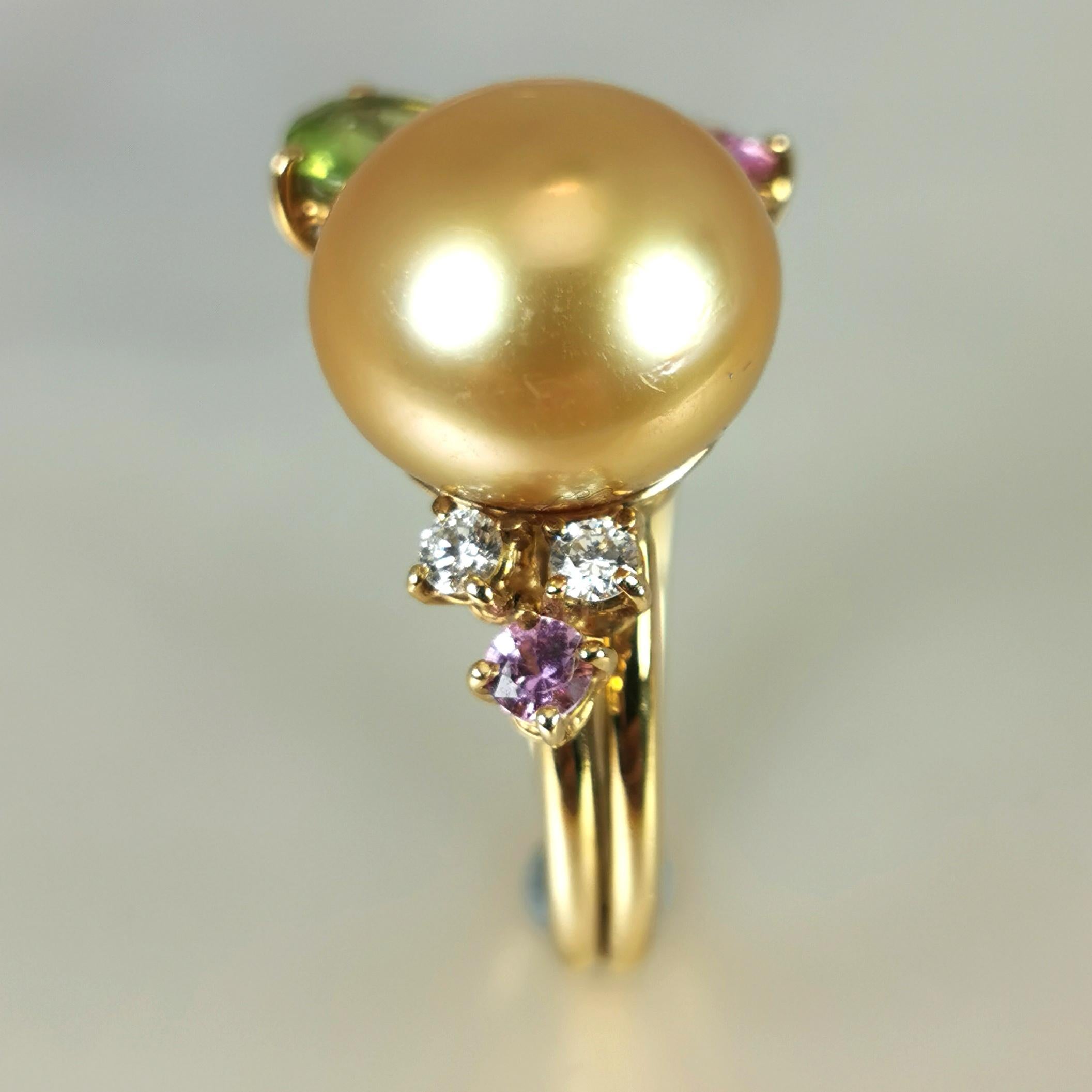 Brilliant Cut Southsea Golden Pearl Ring YG 18k Precious Stones For Sale