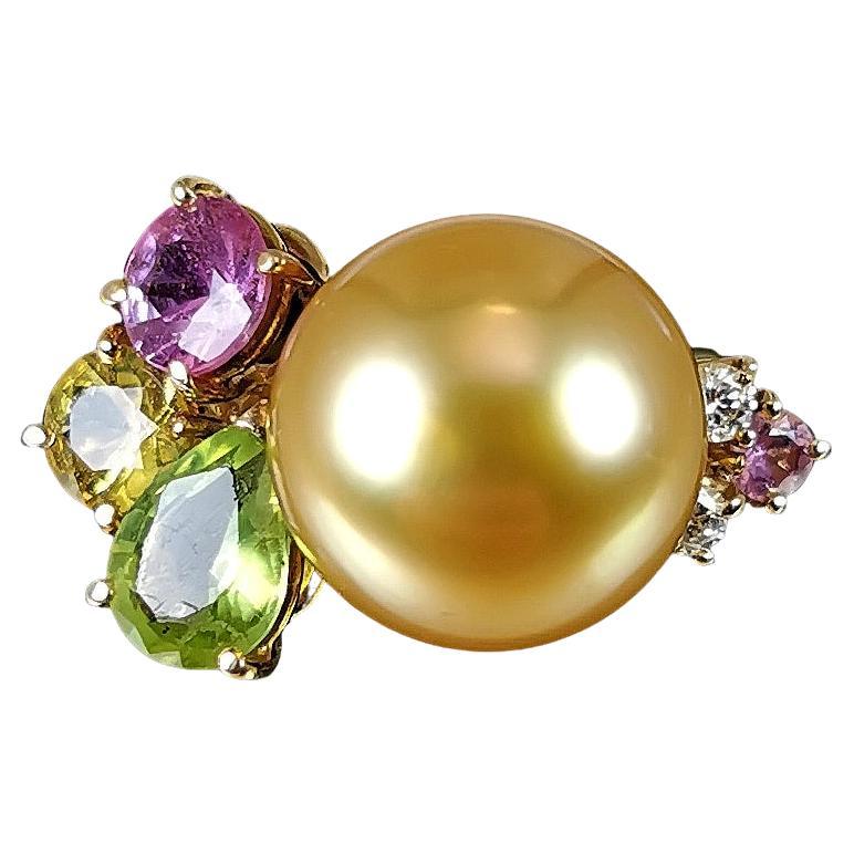 Southsea Golden Pearl Ring YG 18k Precious Stones For Sale