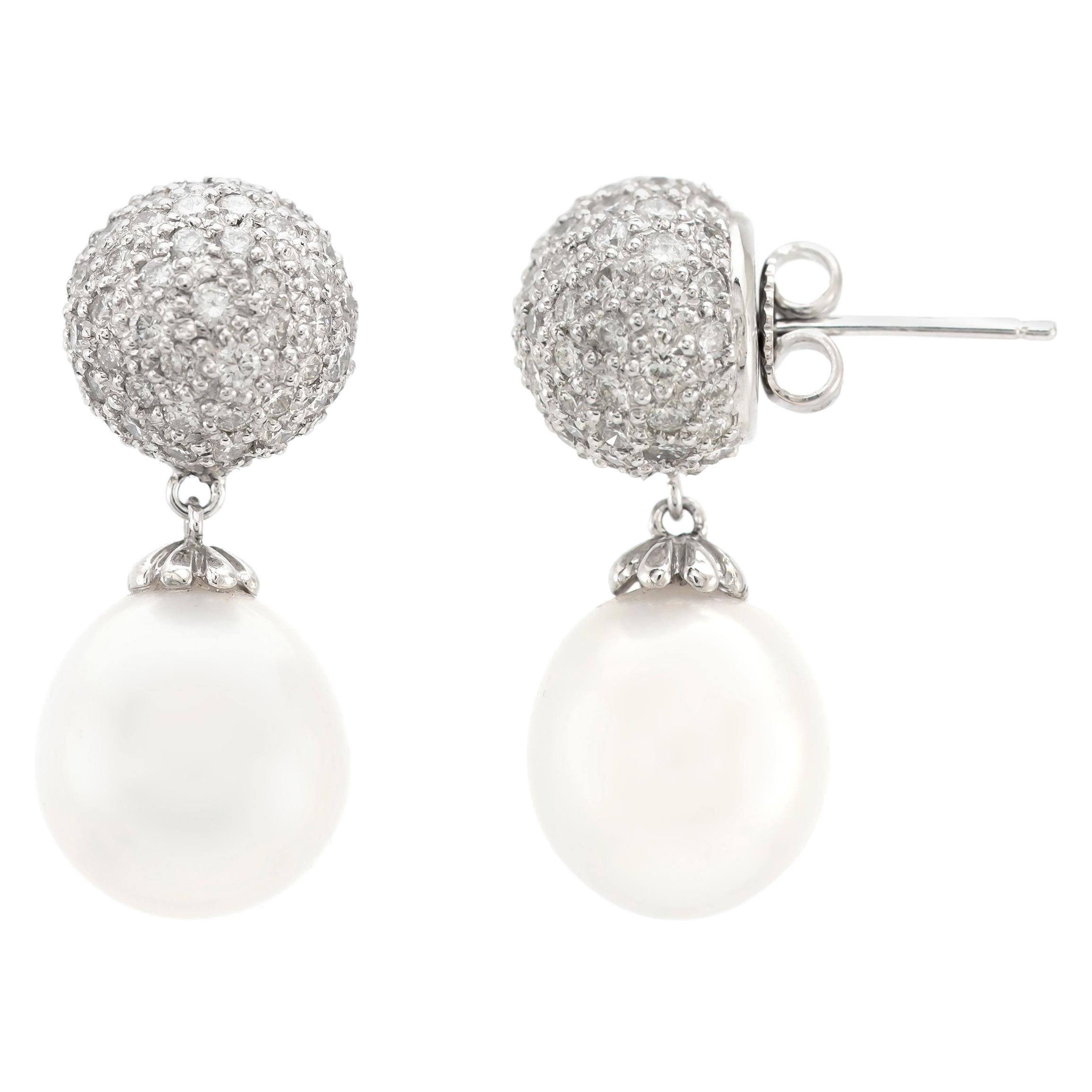 3.41 Carat Diamonds and South Sea Pearls White Gold Drop Earrings For Sale