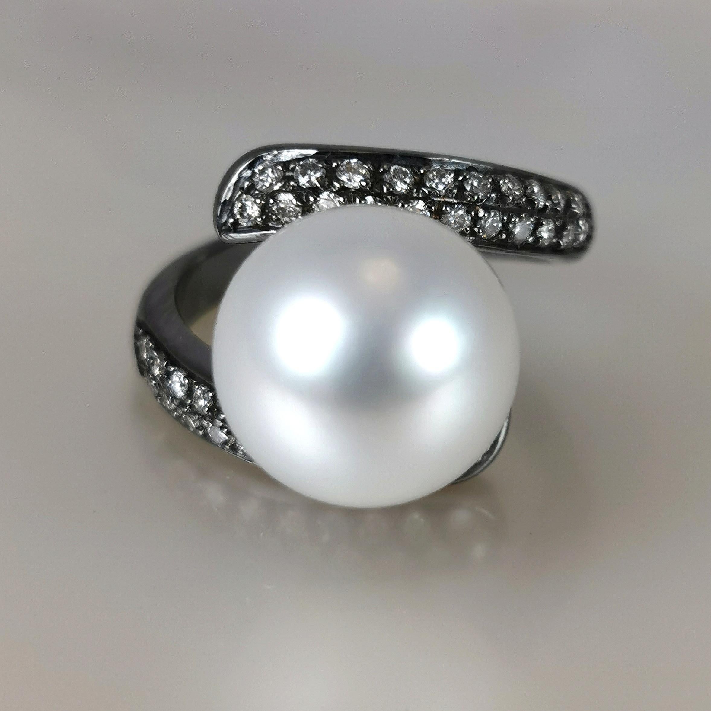 Art Nouveau Southsea Pearl Ring WG18K Black Rh. Diamonds For Sale