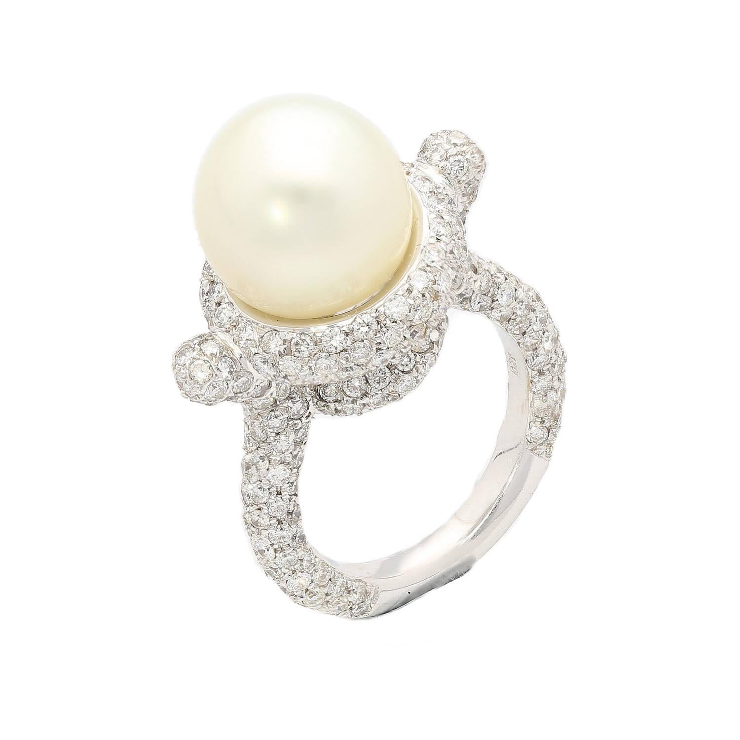 SouthSea White Pearl and Round Cut Pave Diamond Ring in 18k White Gold  For Sale 5