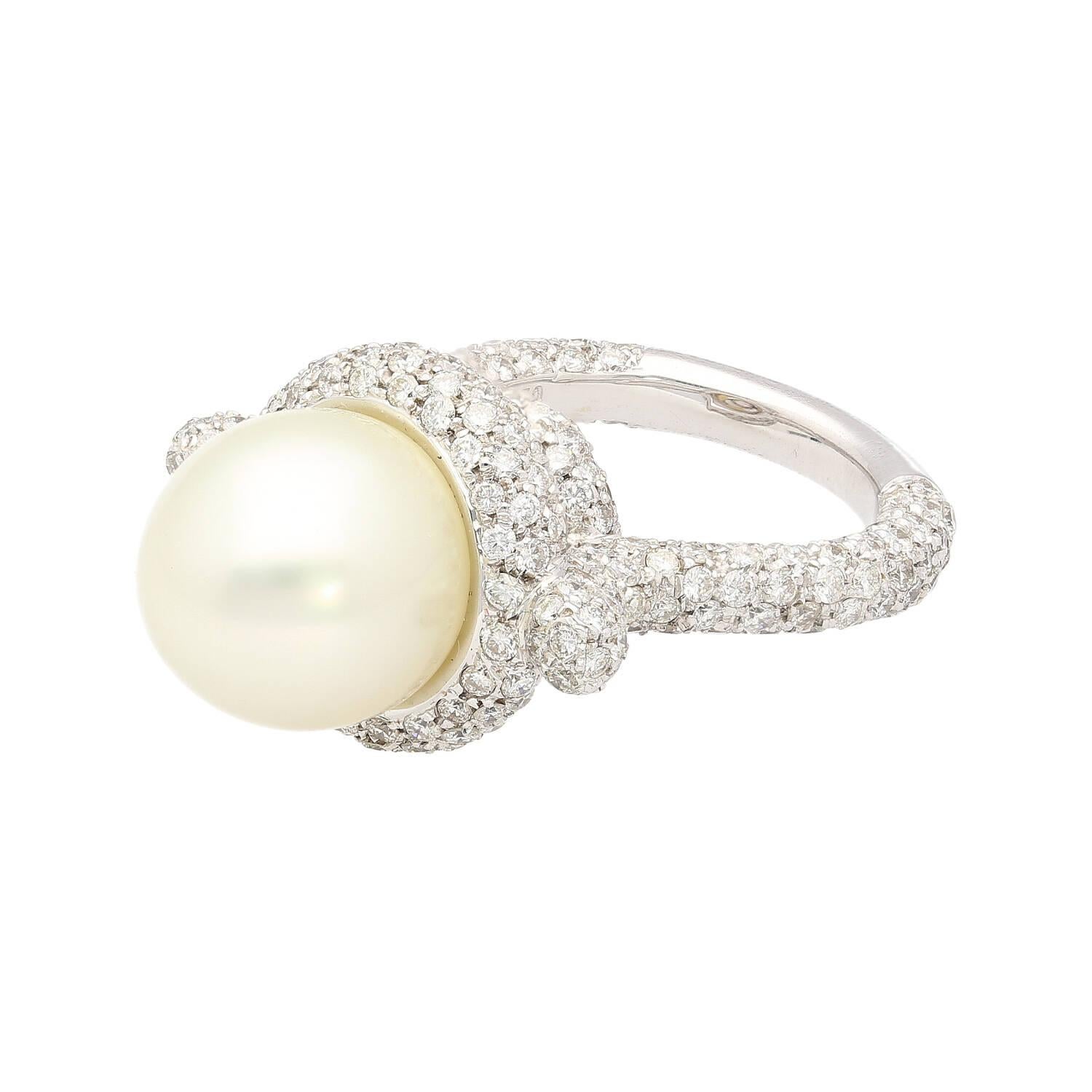 Women's SouthSea White Pearl and Round Cut Pave Diamond Ring in 18k White Gold  For Sale