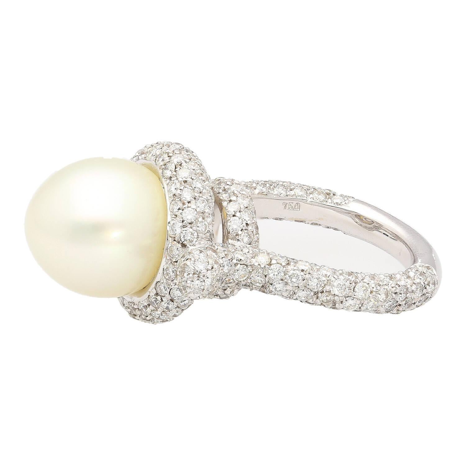 SouthSea White Pearl and Round Cut Pave Diamond Ring in 18k White Gold  For Sale 1