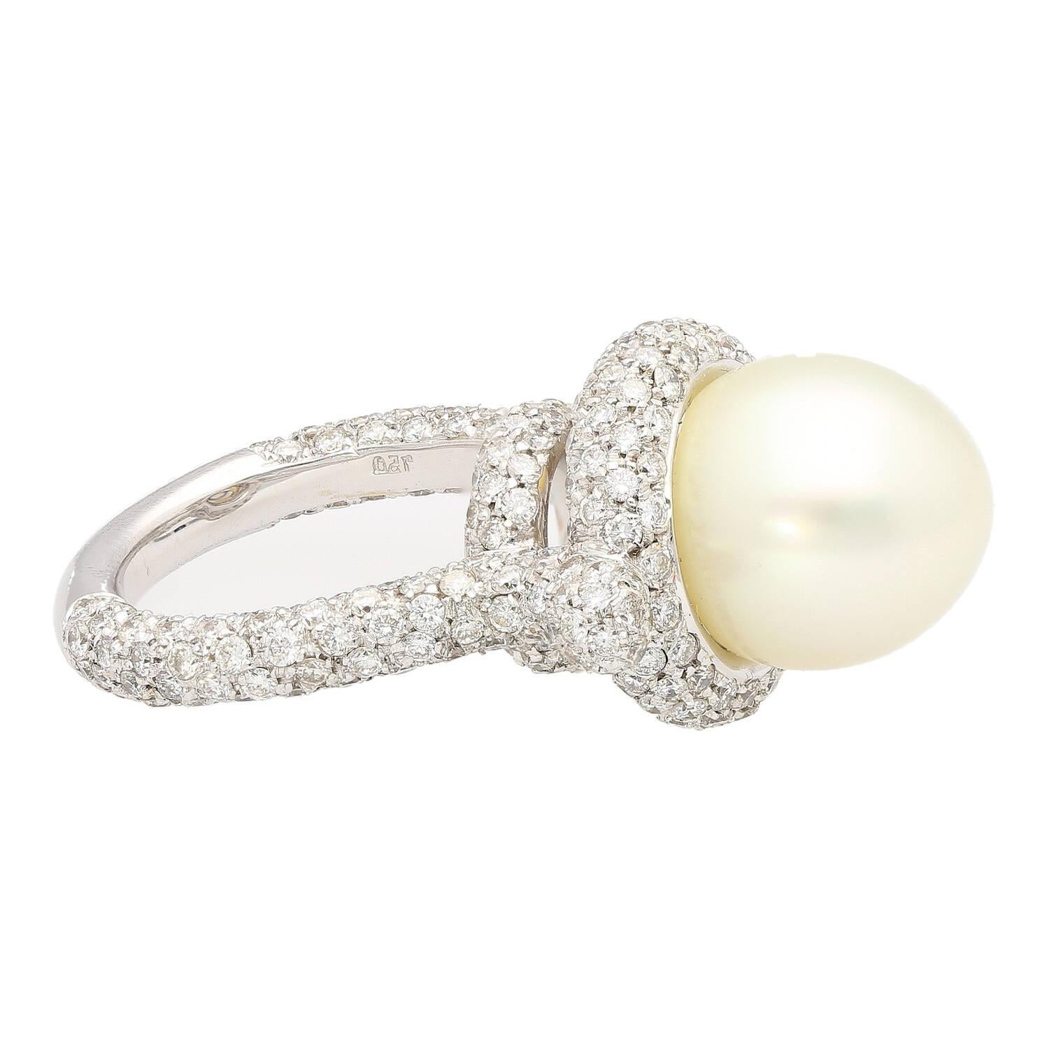 SouthSea White Pearl and Round Cut Pave Diamond Ring in 18k White Gold  For Sale 2