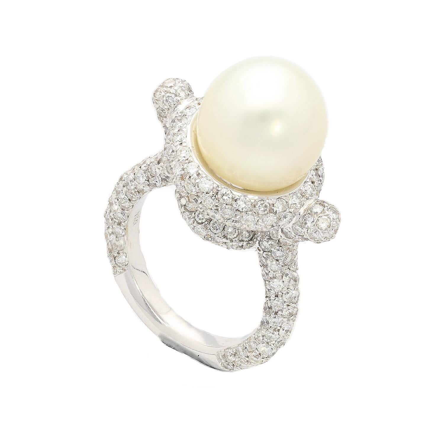 SouthSea White Pearl and Round Cut Pave Diamond Ring in 18k White Gold  For Sale 4