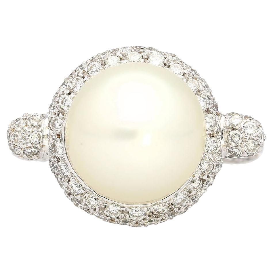 SouthSea White Pearl and Round Cut Pave Diamond Ring in 18k White Gold  For Sale