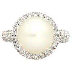 SouthSea White Pearl and Round Cut Pave Diamond Ring in 18k White Gold 