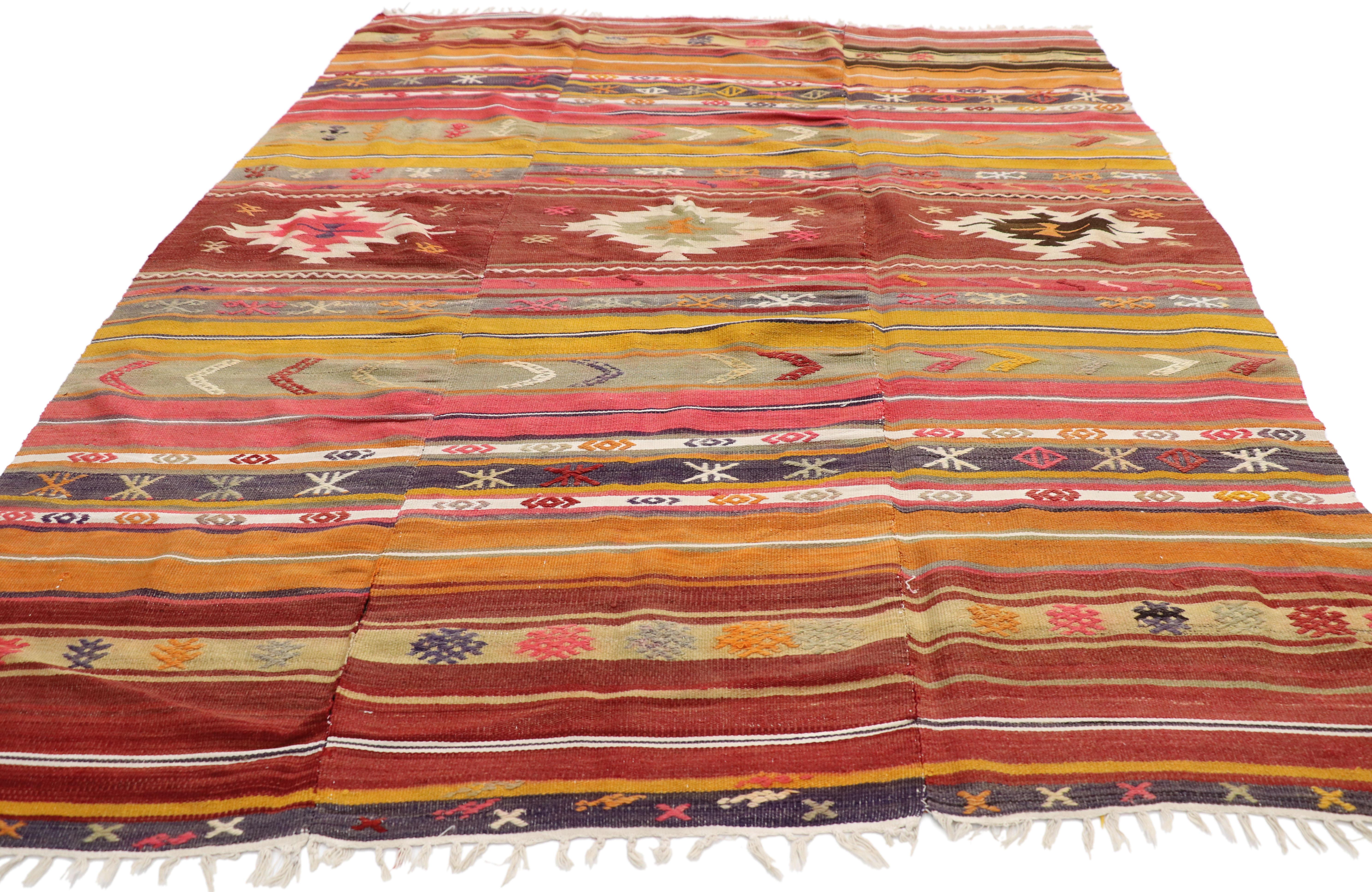 Hand-Woven Southwest Boho Chic Vintage Turkish Kilim Rug, Flat-Weave Kilim