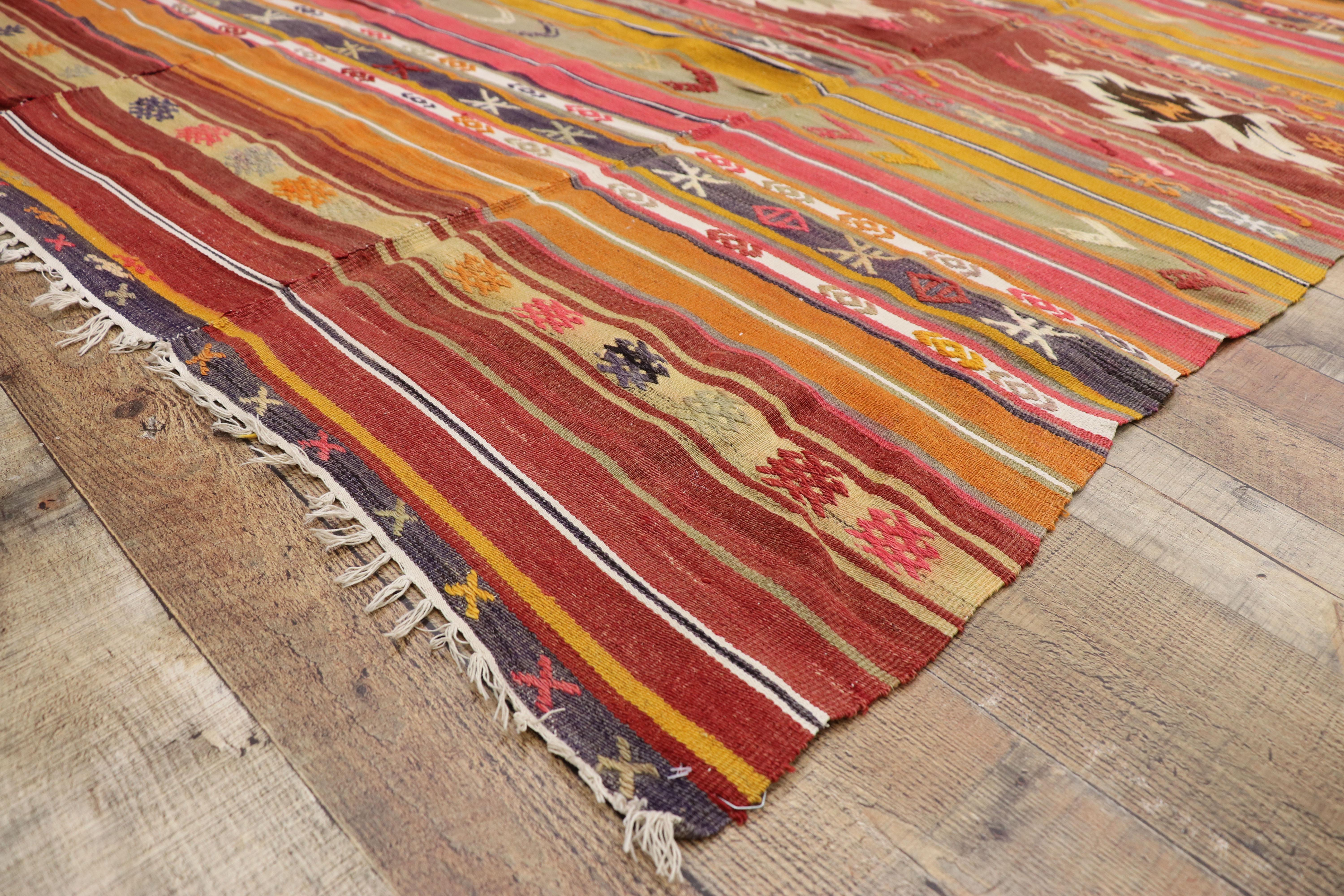 Wool Southwest Boho Chic Vintage Turkish Kilim Rug, Flat-Weave Kilim