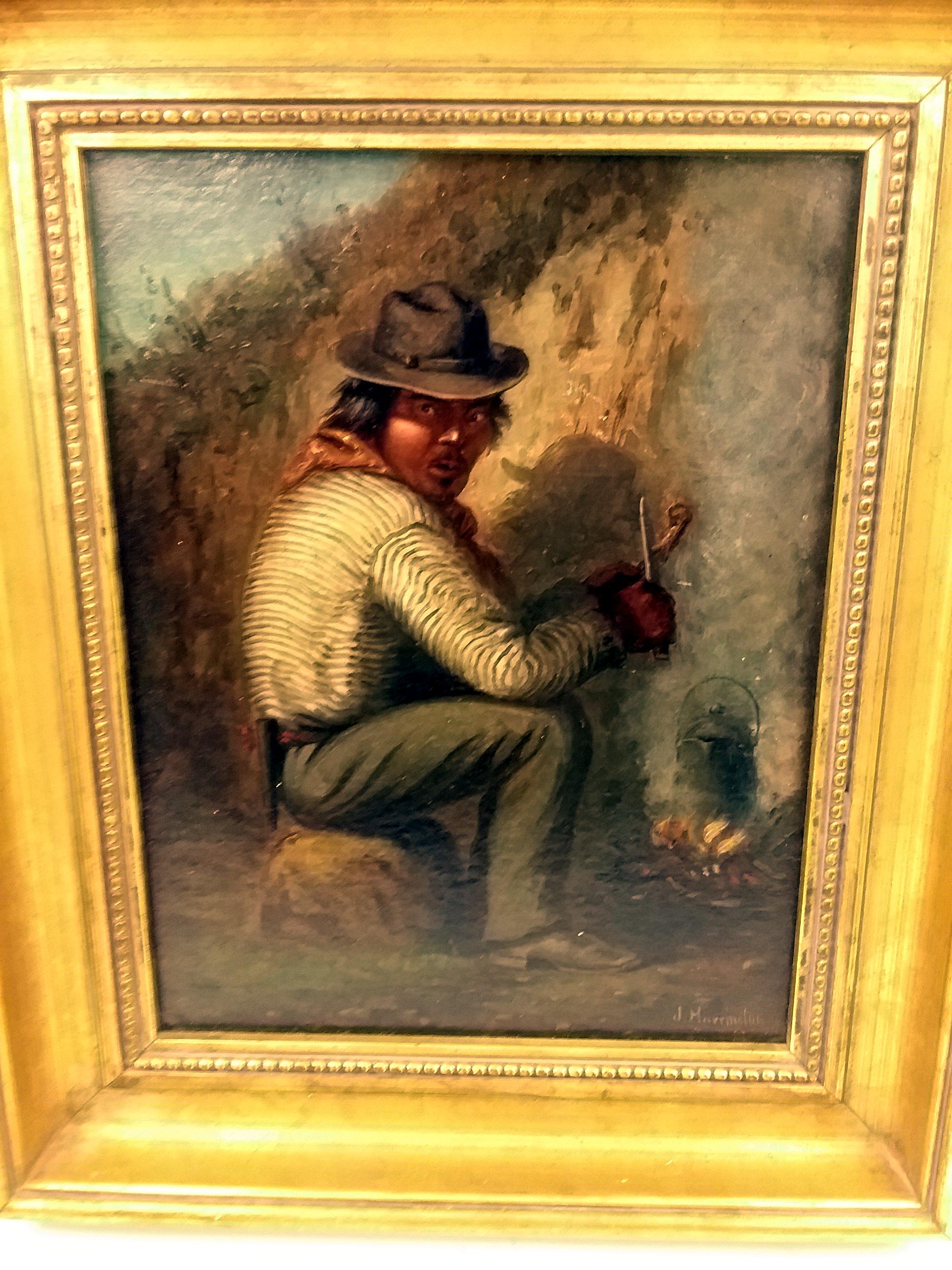 A beautiful signed oil on canvas by artist Joseph A. Harrington, depicting a south-west Indian traveler peering over his shoulder at the viewer as if suspicious of their presence, as if the painter snuck up on the unpropitious camper, hassling the