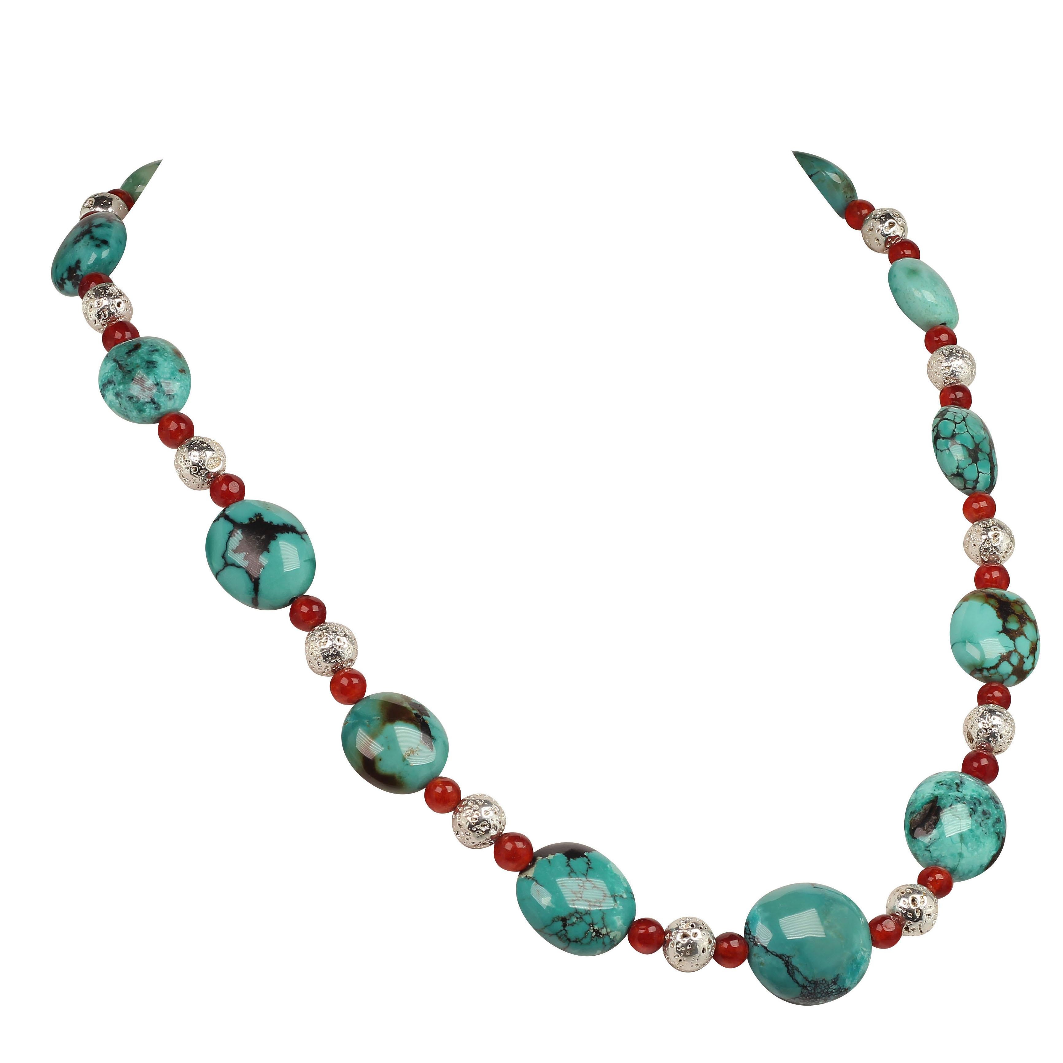 Halskette aus Türkis, Karneol und Silber mit Südwest-Einfluss von JD 22 Zoll (Perle)