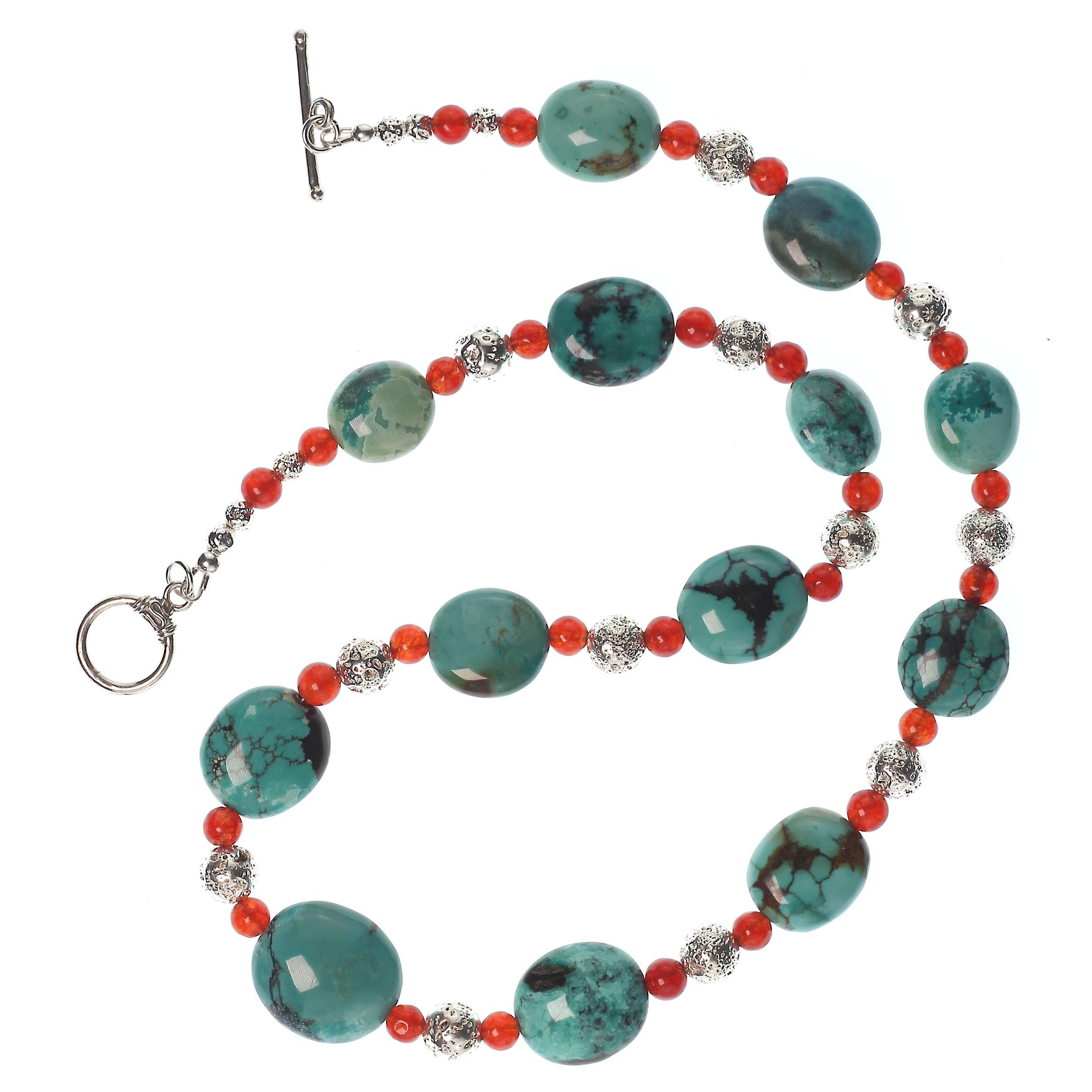 Artisan AJD 22 Inch Southwest Influence Necklace of Turquoise, Carnelian, and Silver For Sale