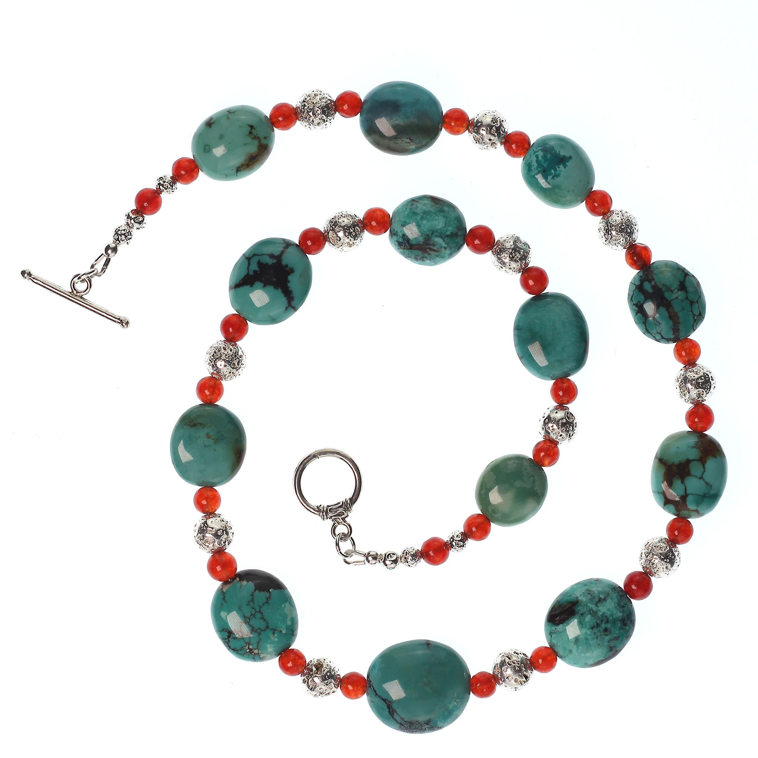 Bead AJD 22 Inch Southwest Influence Necklace of Turquoise, Carnelian, and Silver For Sale
