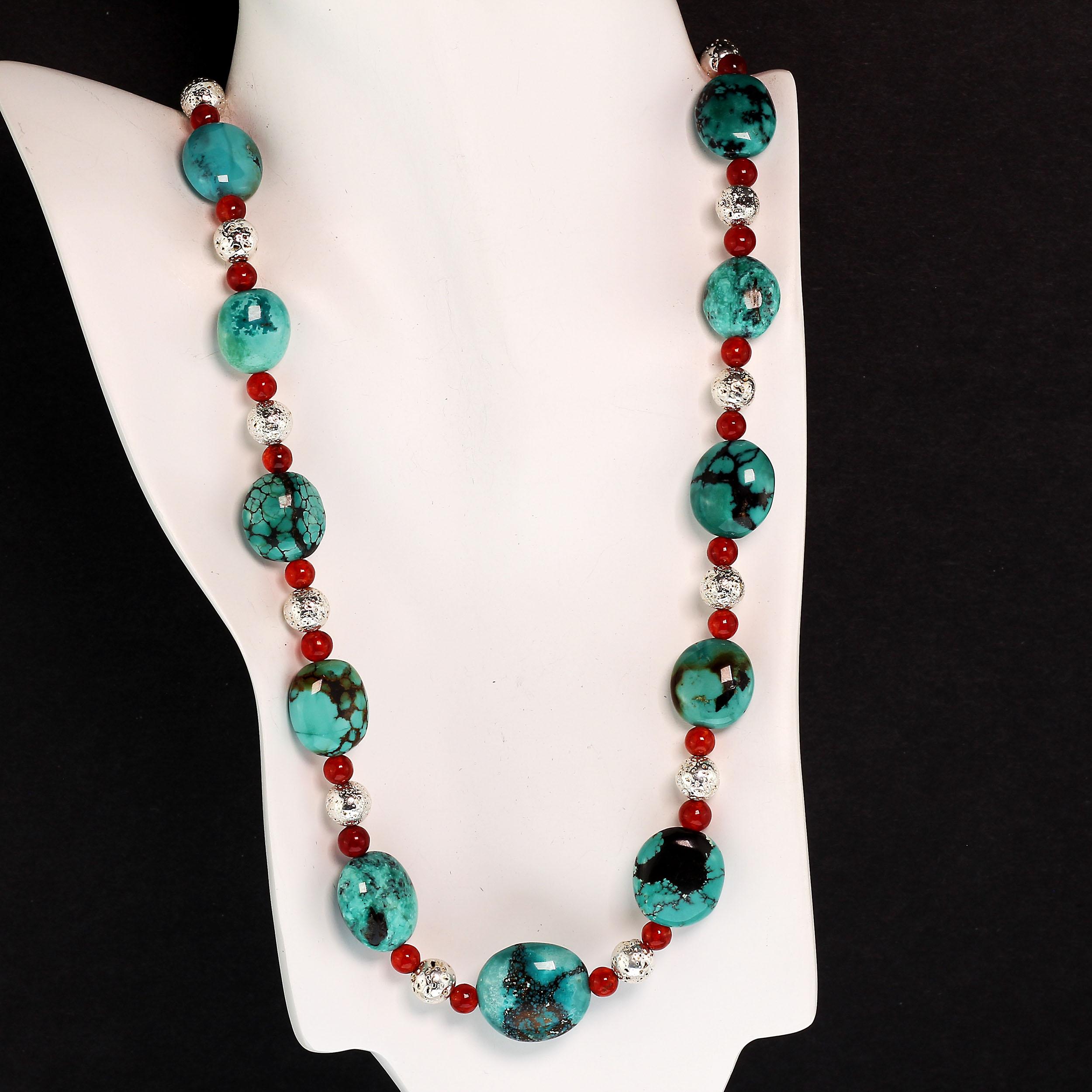 AJD 22 Inch Southwest Influence Necklace of Turquoise, Carnelian, and Silver In New Condition In Raleigh, NC