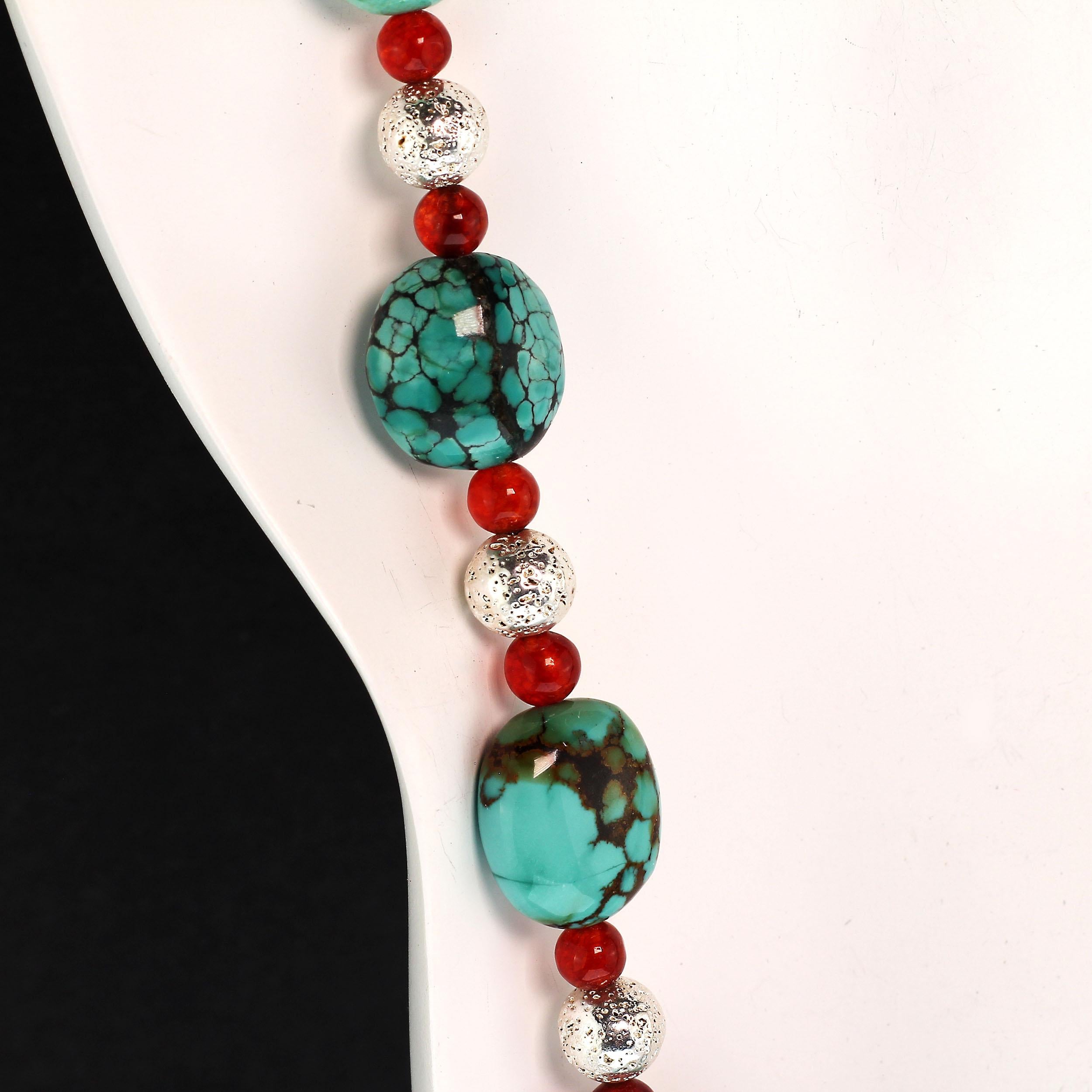 Women's or Men's AJD 22 Inch Southwest Influence Necklace of Turquoise, Carnelian, and Silver For Sale