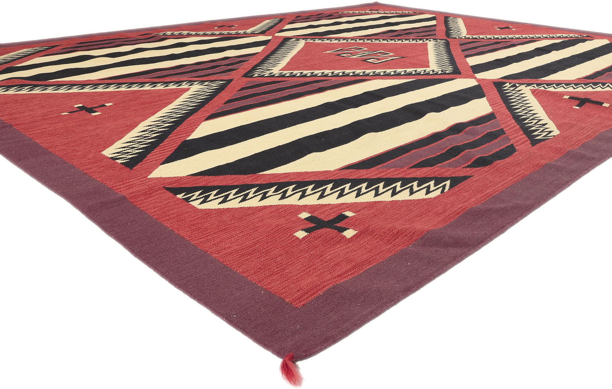 81029 Southwest Modern Chief Blanket Navajo-Style Rug, 09'00 x 12'00. Embark on an enchanting journey immersed in sunbaked warmth with this handwoven wool Chief Blanket Navajo-style rug. A testament to the seamless fusion of Contemporary Santa Fe