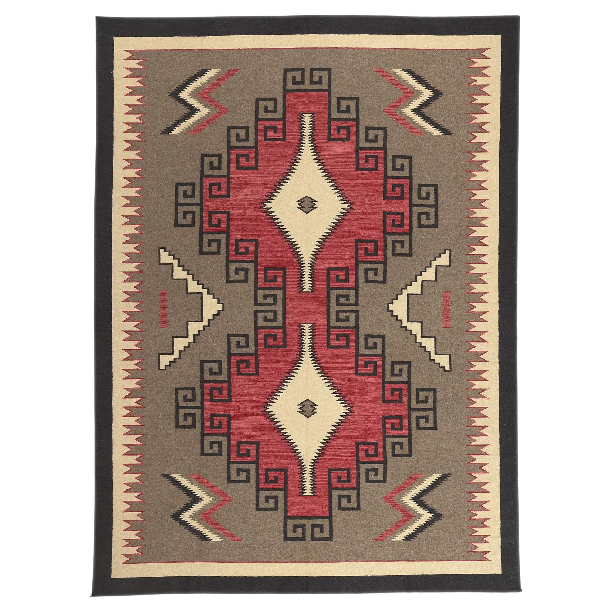 Alfombra contemporánea de tejido plano estilo navajo del suroeste del desierto de Santa Fe