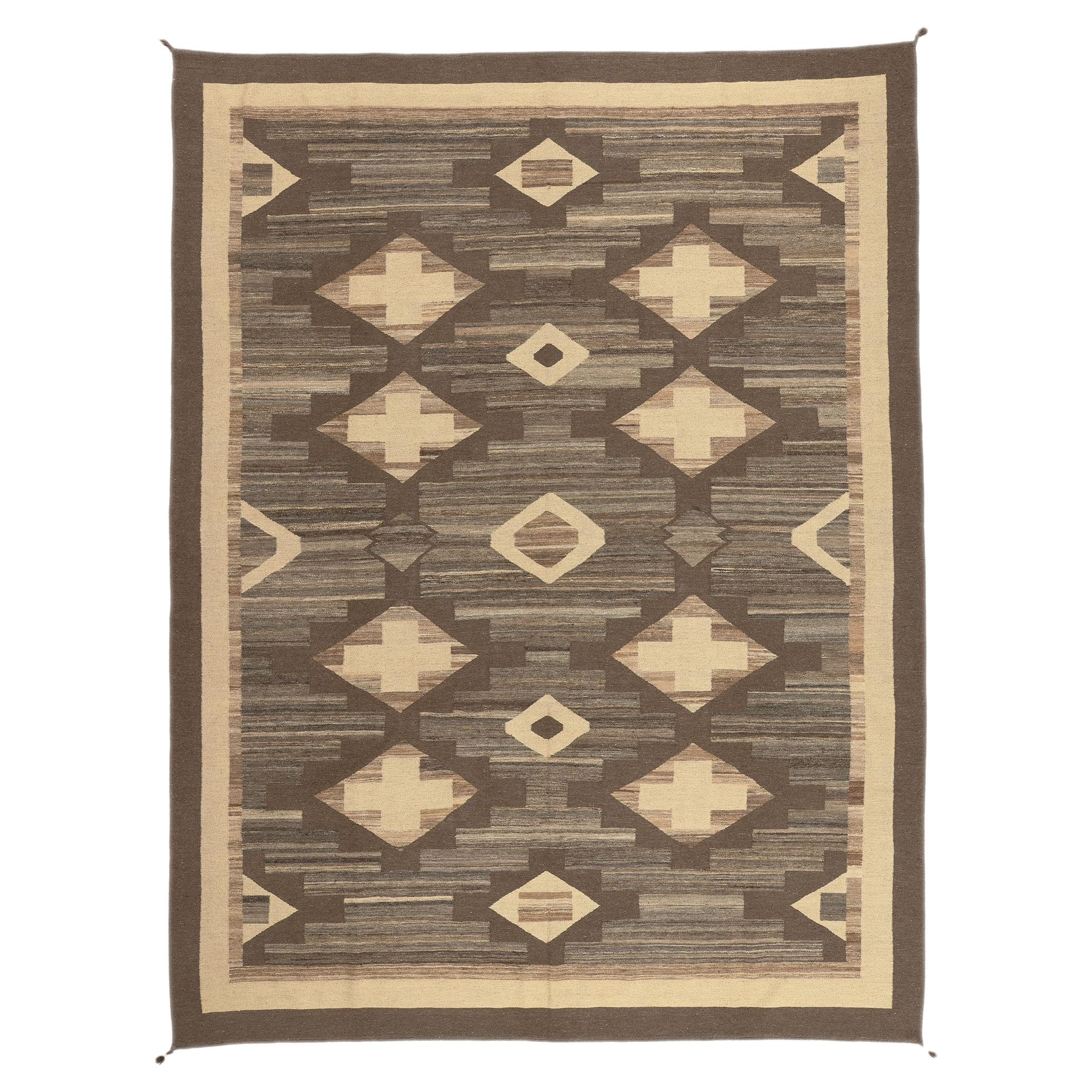 Alfombra contemporánea de tejido plano estilo navajo del suroeste del desierto de Santa Fe